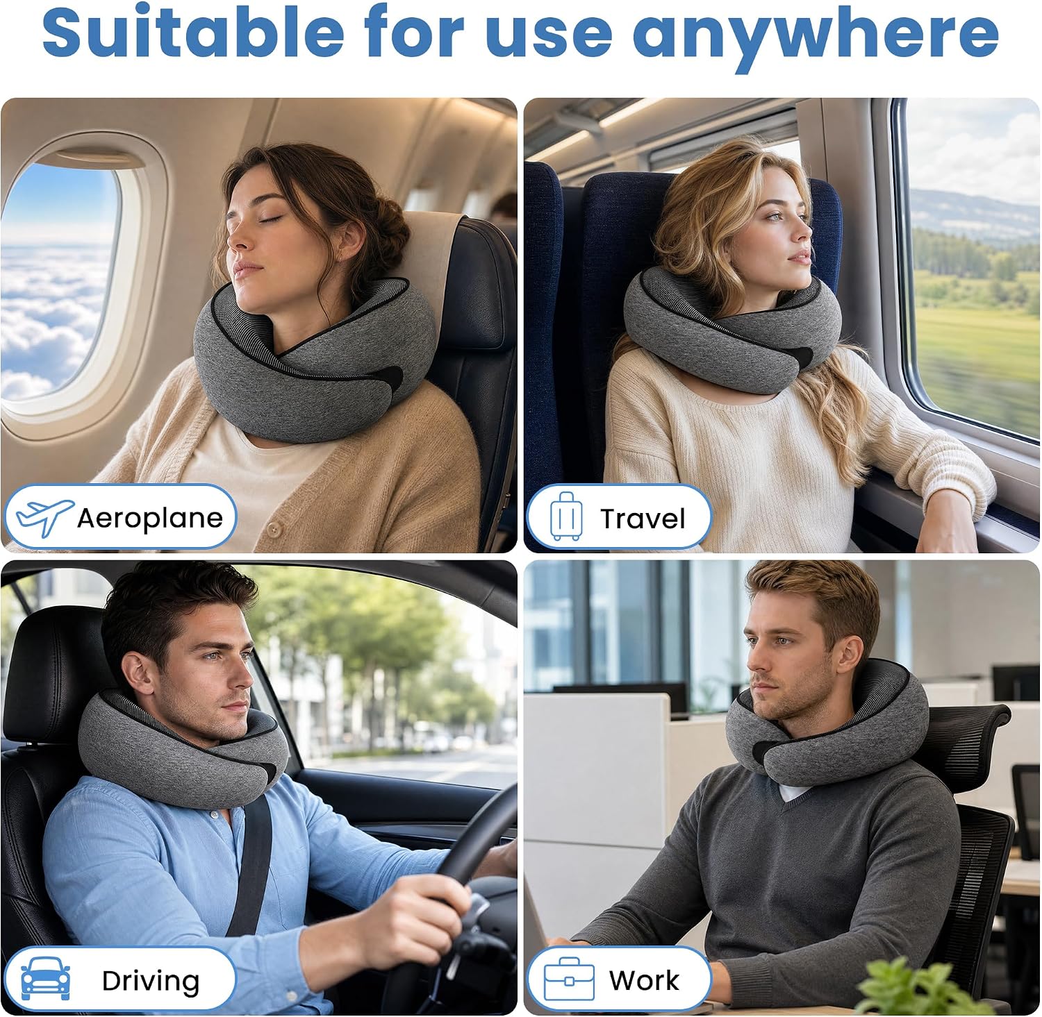 Travel Neck Pillows for Airplanes, Memory Foam Travel Pillow Airplane Pillow, 360° Head Support, Flight Pillow for Travel, Car Rides and Home, Gray