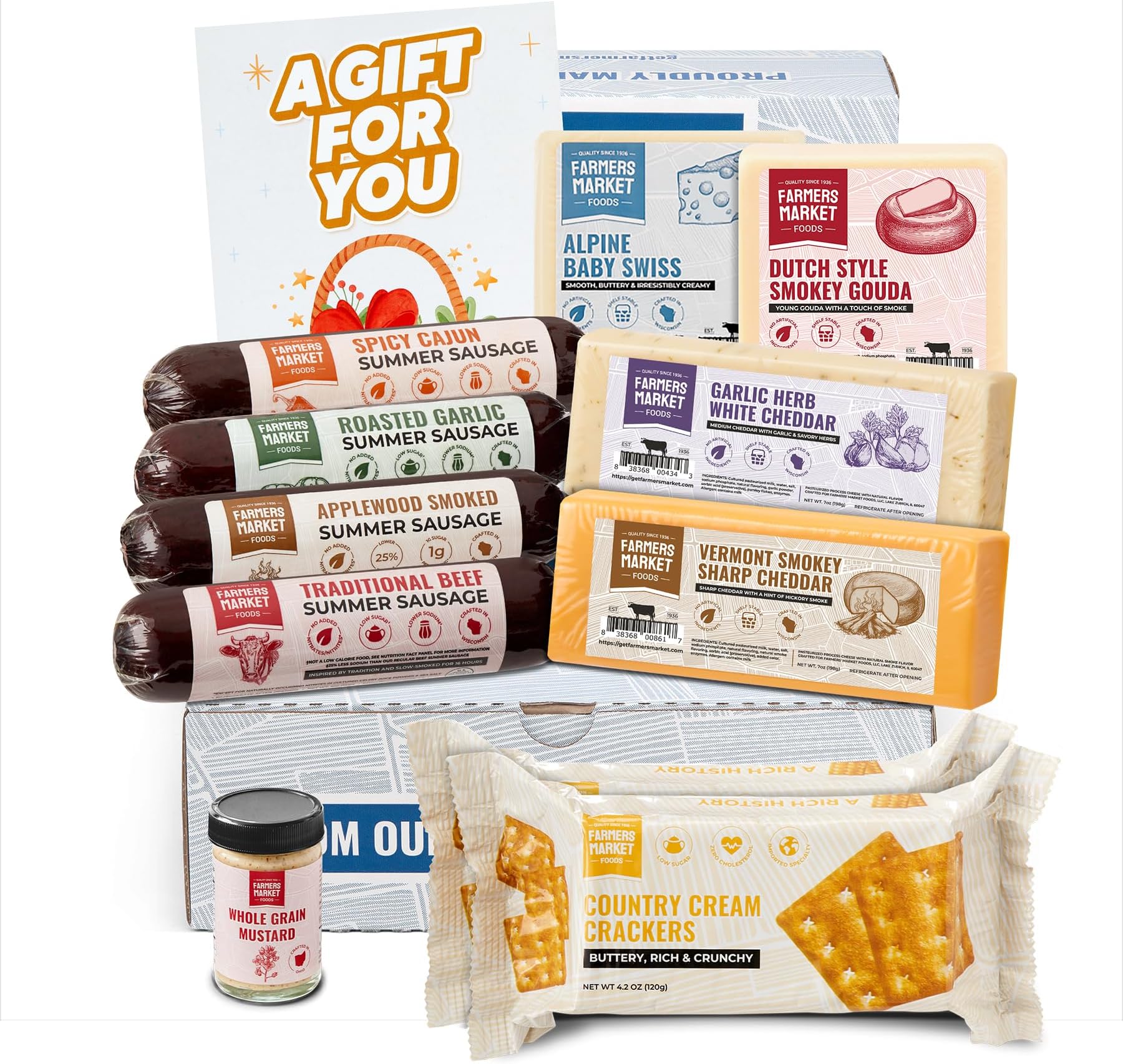 Farmers Market Gourmet Meat & Cheese Gift Basket - Charcuterie Gift Box withSummer Sausage & Wisconsin Cheese Assortment with Crackers & Mustard, Keto and Paleo Friendly, Low Sodium Low Sugar