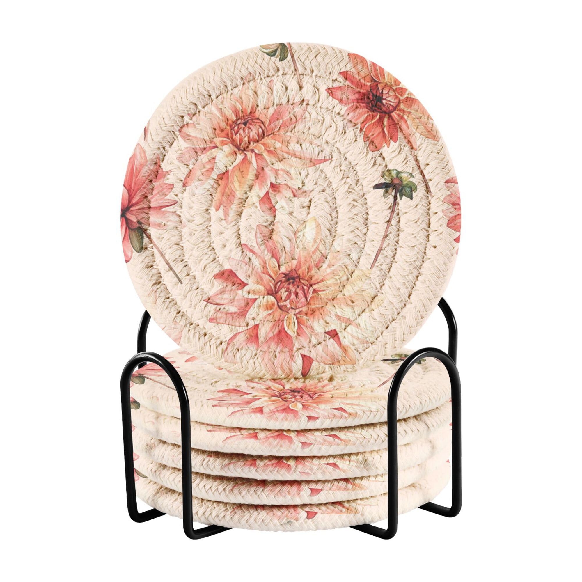 Unique Dahlia Blush Cotton Rope Drink Coasters Absorbent Set with Holder 6 Pack Home Coasters