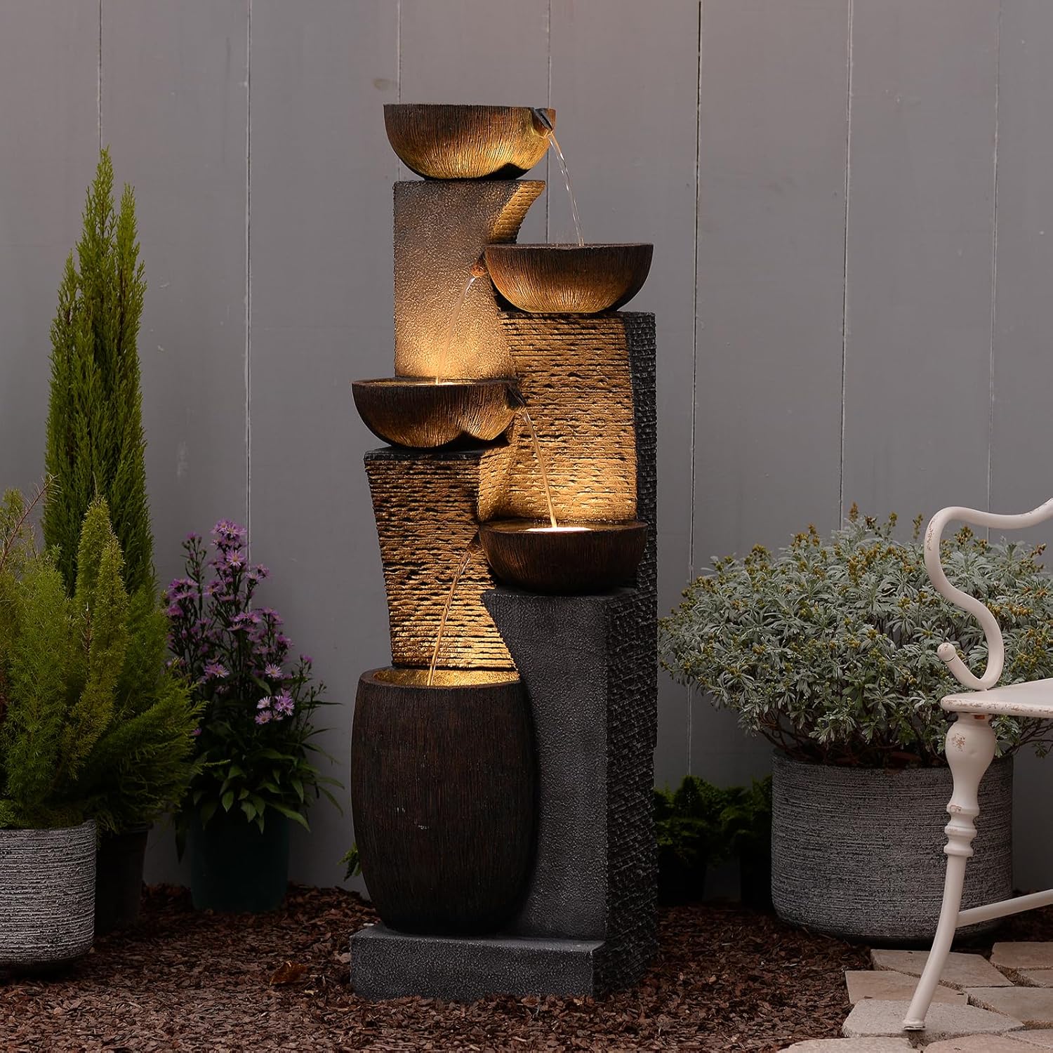 Outdoor Water Fountain - 51.4 Inches 5 Tired Modern Indoor Floor Standing Outdoors Fountains with Lights Pump for Garden Patio Backyard Porch Home Art Decor
