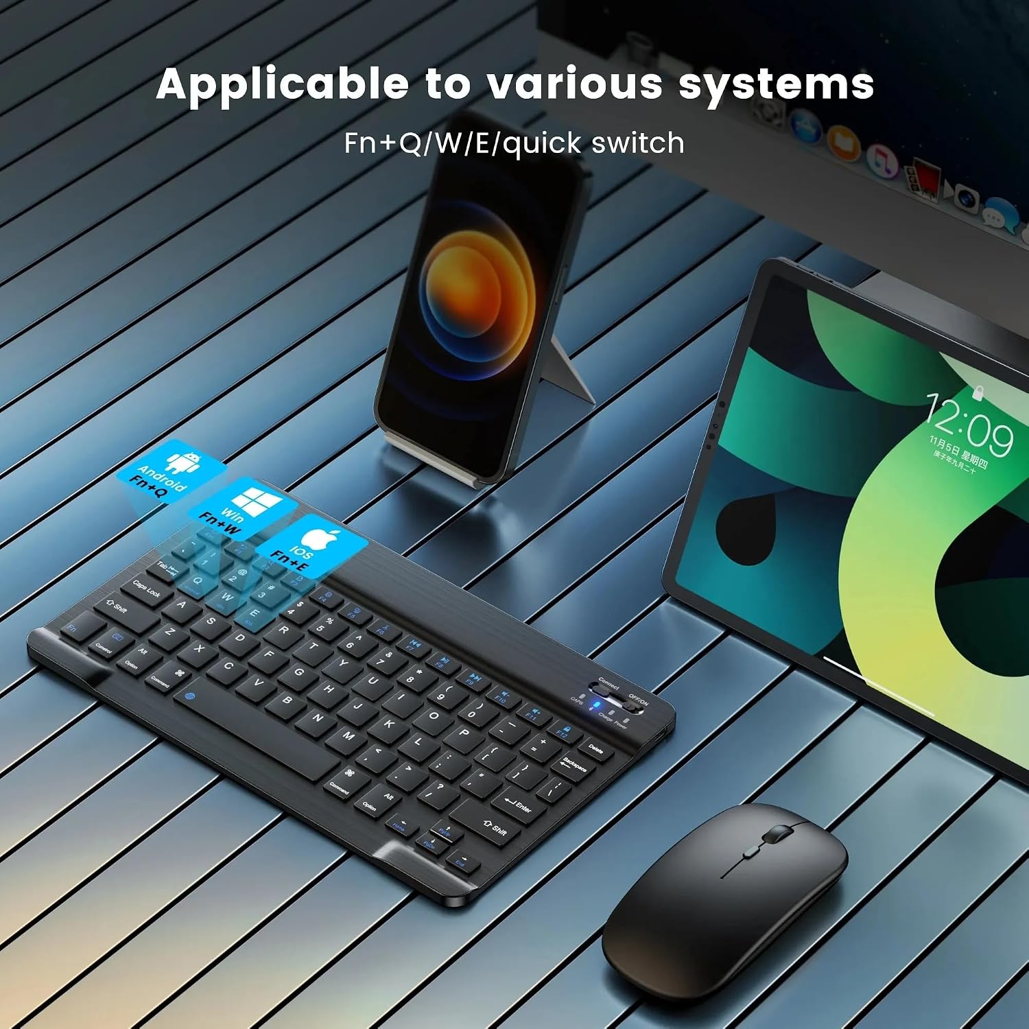 JIMTAB Ultra-Slim Bluetooth Keyboard Portable Mini Wireless Keyboard Rechargeable for Apple iPad iPhone Samsung Tablet Phone Smartphone iOS Android Windows (10 inch Black)
