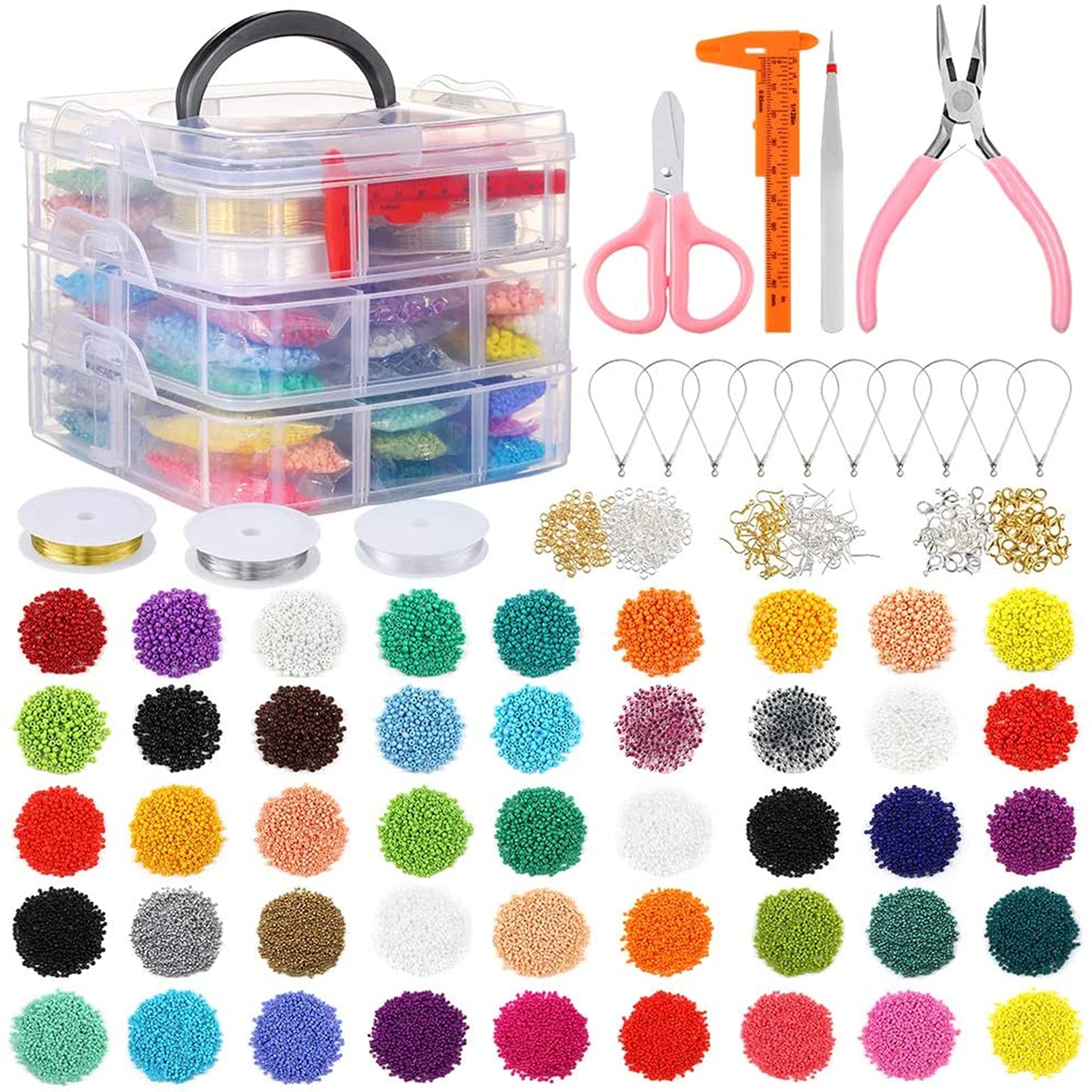AM ANNA 27009 Pieces Glass Seed Beads Kit, Multiple Sizes with Small Pony Bead, Beading Hoop Earring and Other Jewelry Accessories for DIY Making (27009 Pieces Glass Seed Beads Kit)