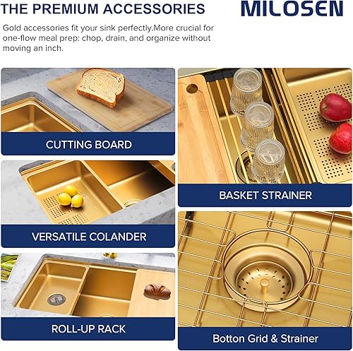 Miniatura 8 de MILOSEN Fregadero de cocina dorado bajo encimera de 32 pulgadas, 32" x 18" Fregaderos dorados de estación de trabajo, Fregadero de acero inoxidable