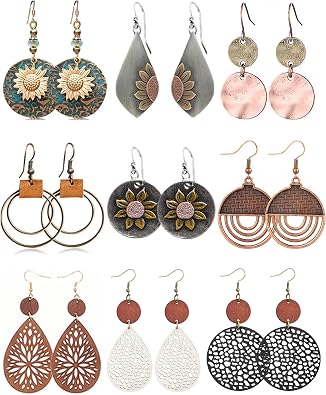 9 Pairs Boho Earrings for Women Vintage Jewelry Set Teardrop Sunflower Dangle Earrings with Leather Wrap Bracelets Christmas Gifts