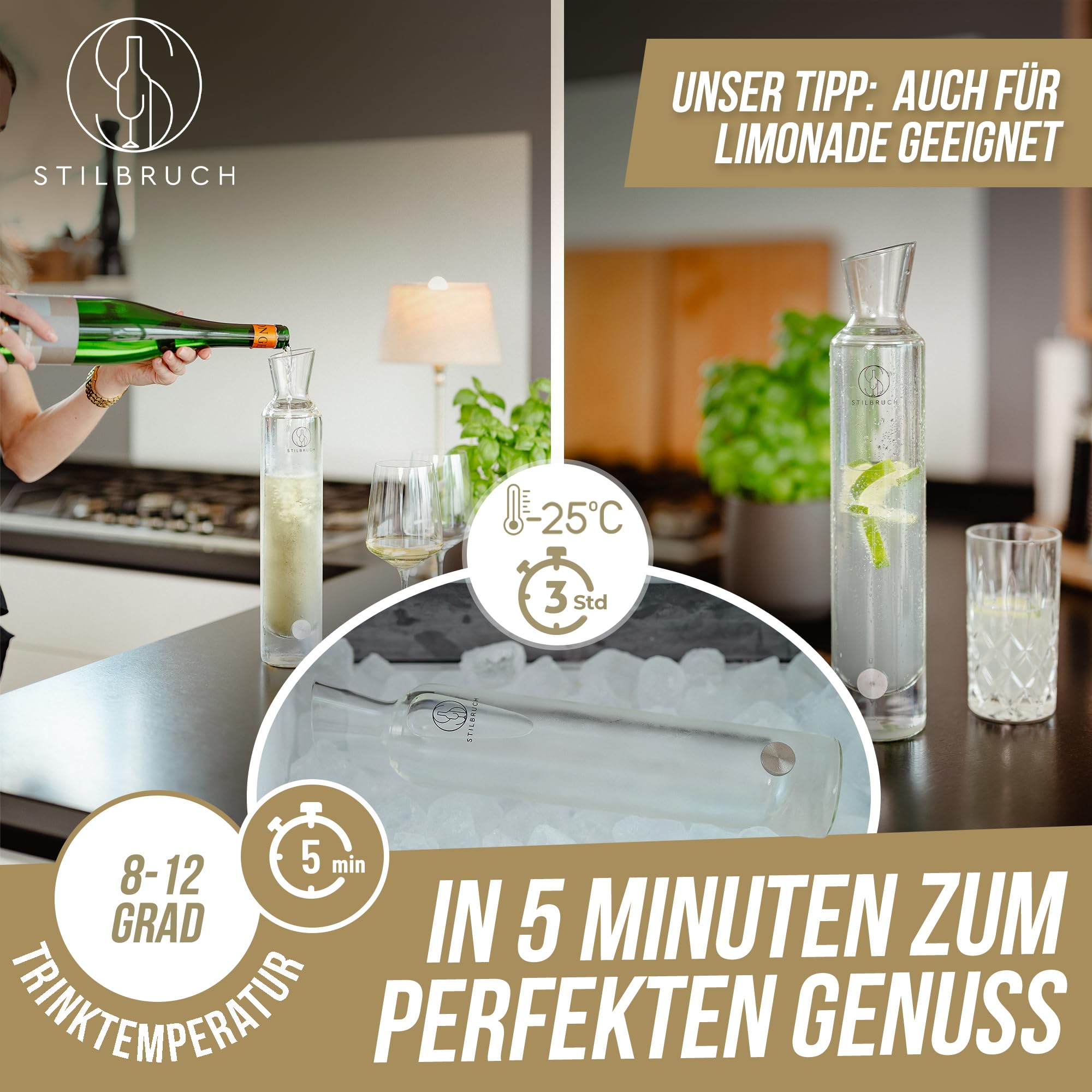 Stilbruch® Enfriador de vino [2-IN-1] Decantador de vino, enfriador de champán, decantador de vino – Sé el anfitrión perfecto: vino blanco frío en 5 minutos | Enfriador de botellas, enfriador de