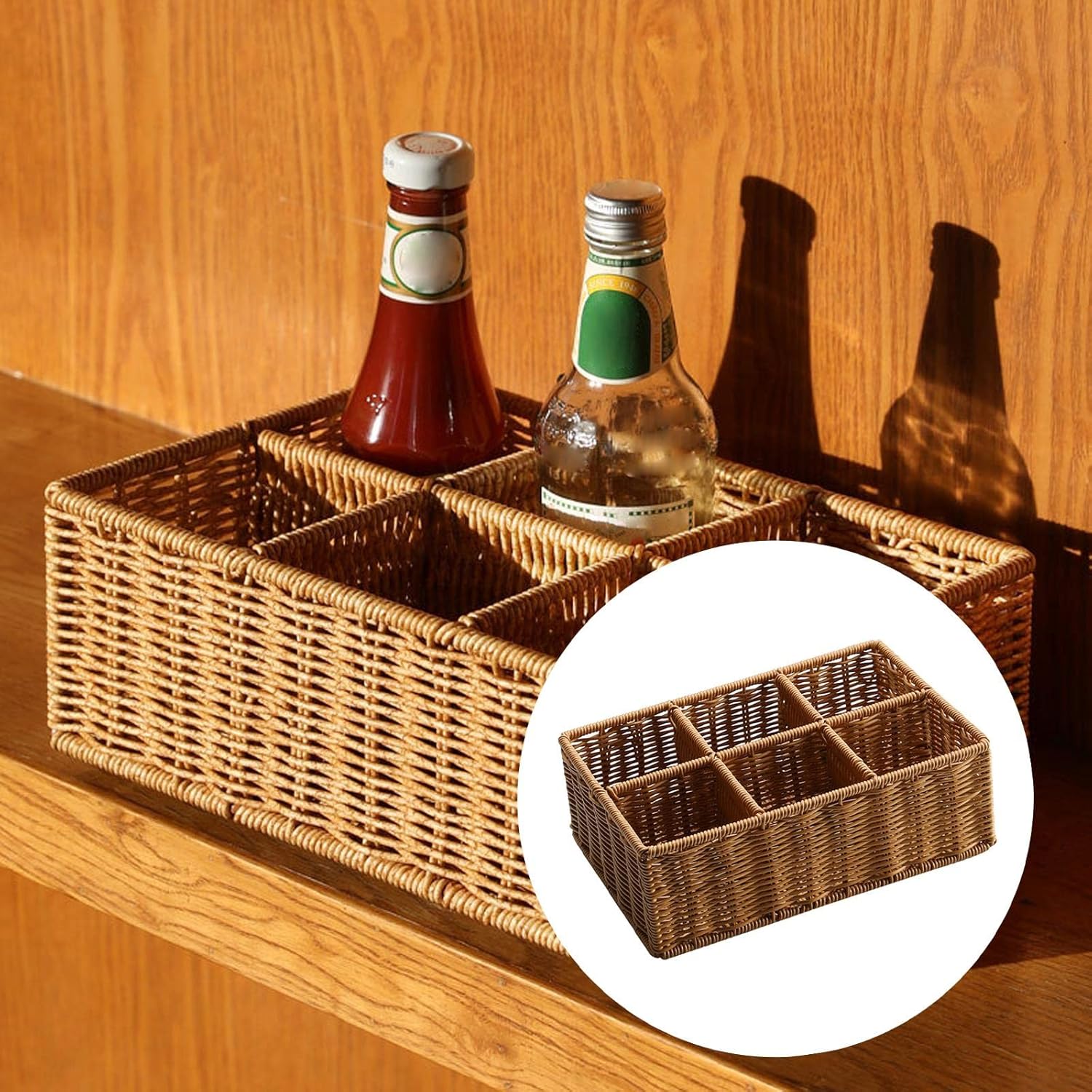 Hand Woven Compartment Basket, Simulation Rattan Container Box, Makeup, Toilet Organization with 6 Grid for Countertop Storage and Home Decor