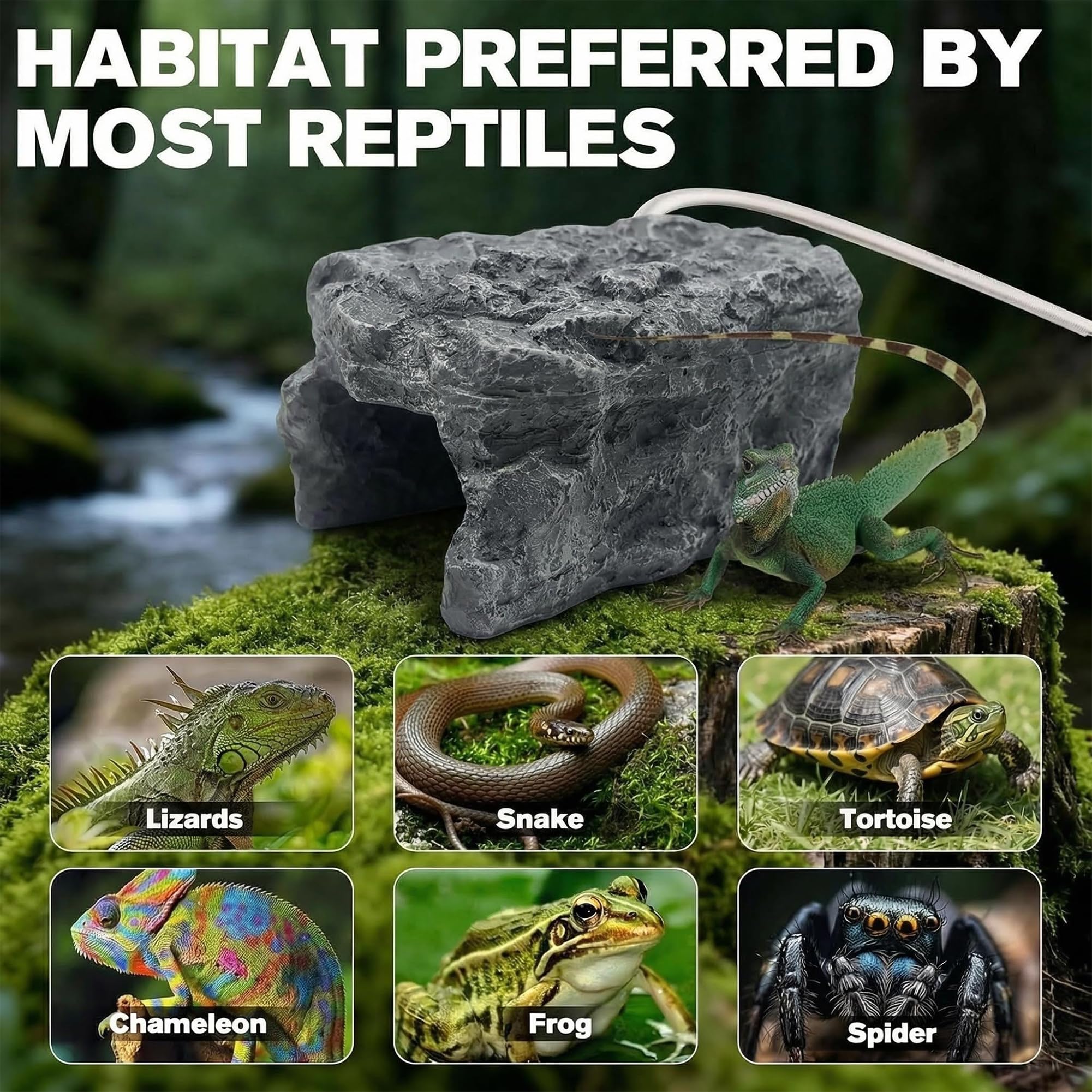 Cueva de reptiles con calefacción – Escondite de roca con temperatura ajustable, roca de calefacción con termostato para dragones barbudos, pitones de bola, gecos de leopardo y animales pequeños