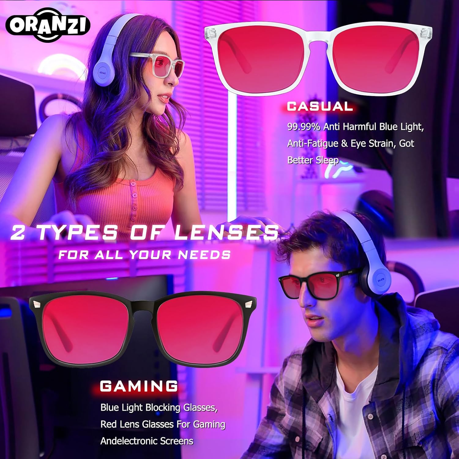 99.9% Blue Light Blocking Glasses for Computer & Gaming - Anti Harmful Blue Ray for Better Sleep, Amber Lenses Anti Fatigue & Eye Strain - Image 3