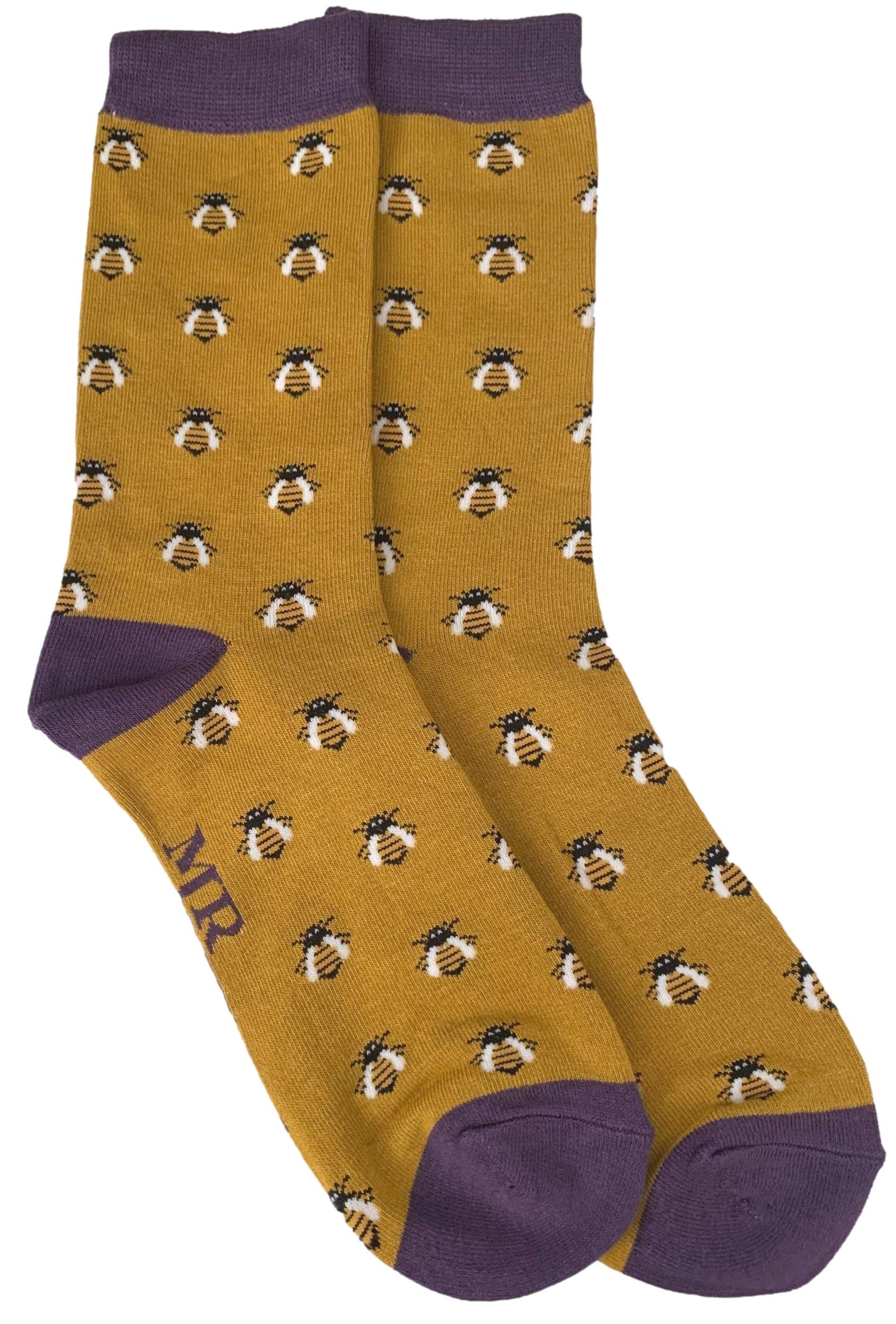 Purple Possum® Mens Socks Novelty Bee Print Fun Mustard Yellow Bumble Bees Bamboo Cotton Blend UK Shoe Size 8-12 Gift Idea