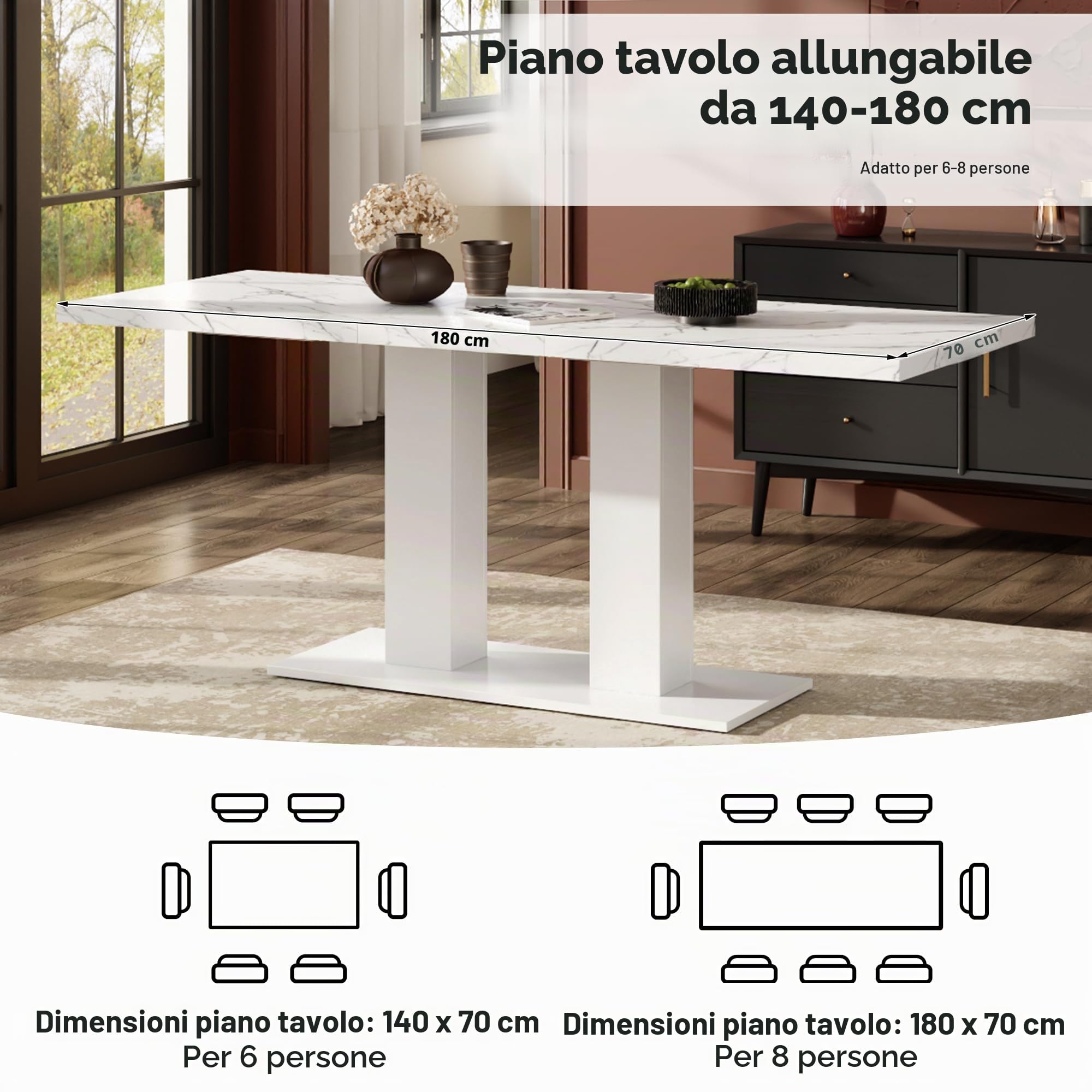 Wiuzo Tavolo da Pranzo Allungabile, 140/180x70 cm, adatto per 6-8 persone, forma rettangolare, piano del tavolo rinforzato, stile semplice, tavolo per sala da pranzo, cucina, soggiorno, bianco