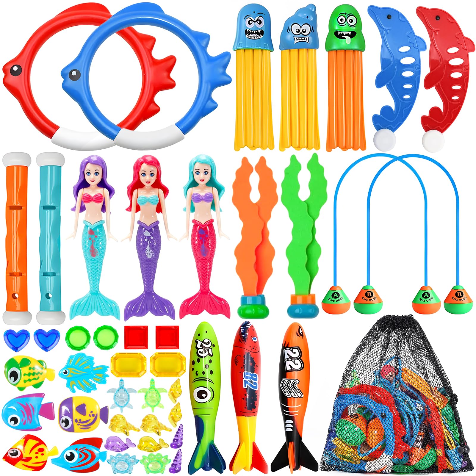 Juguete de Buceo para Niños 43 Piezas Juguetes Piscina Juegos de Agua para Niños Incluye Palos de Buceo,Puerta de Buceo, Algas y más para Juguetes para Nadar bajo el Agua,Pool Toys