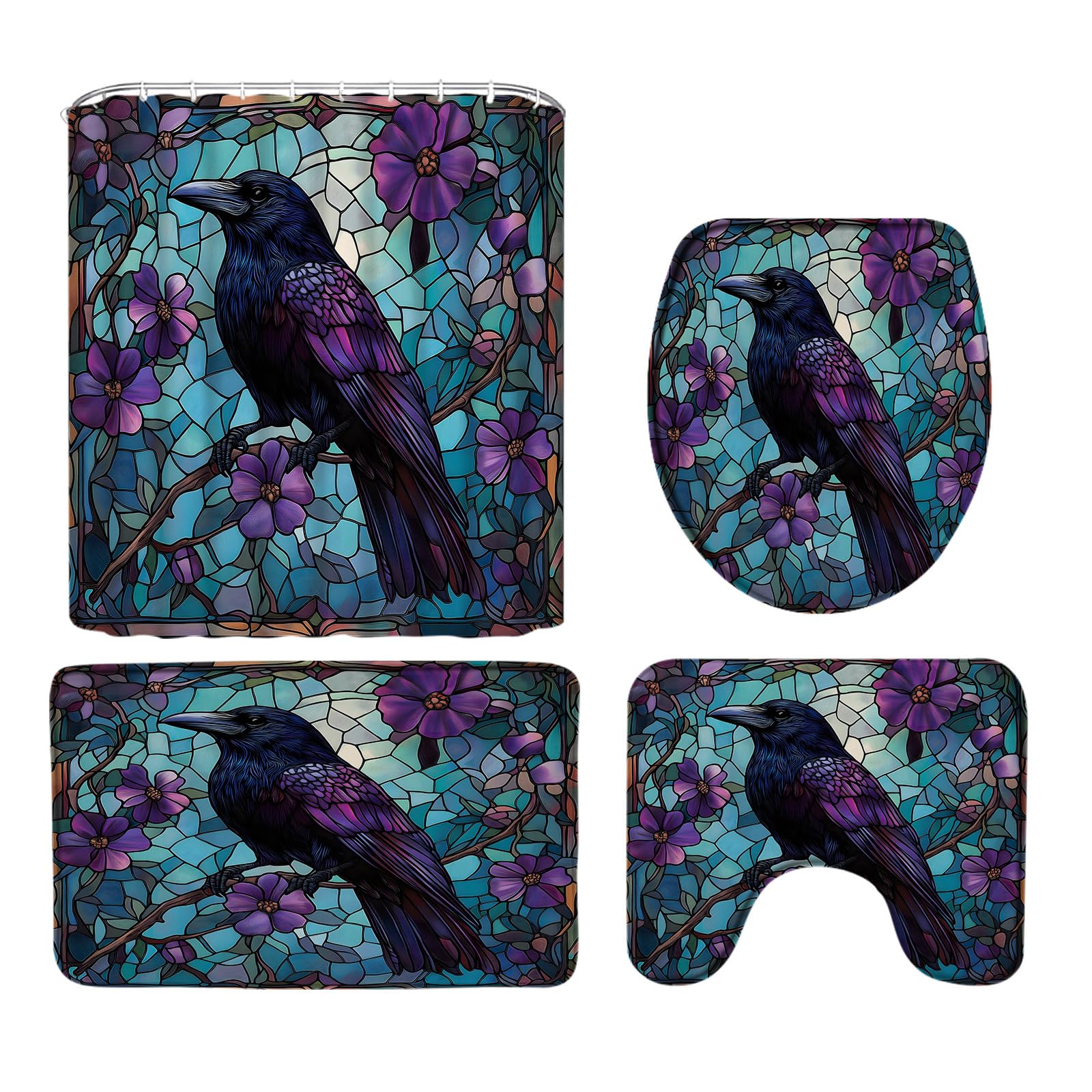 UPUMKSK 4PC Stained Glass Crow Shower Curtain Set Vintage Purple Floral Tree Branch Spooky Black Raven Bird Flower Modern Gothic Bath Rug, Toilet Seat