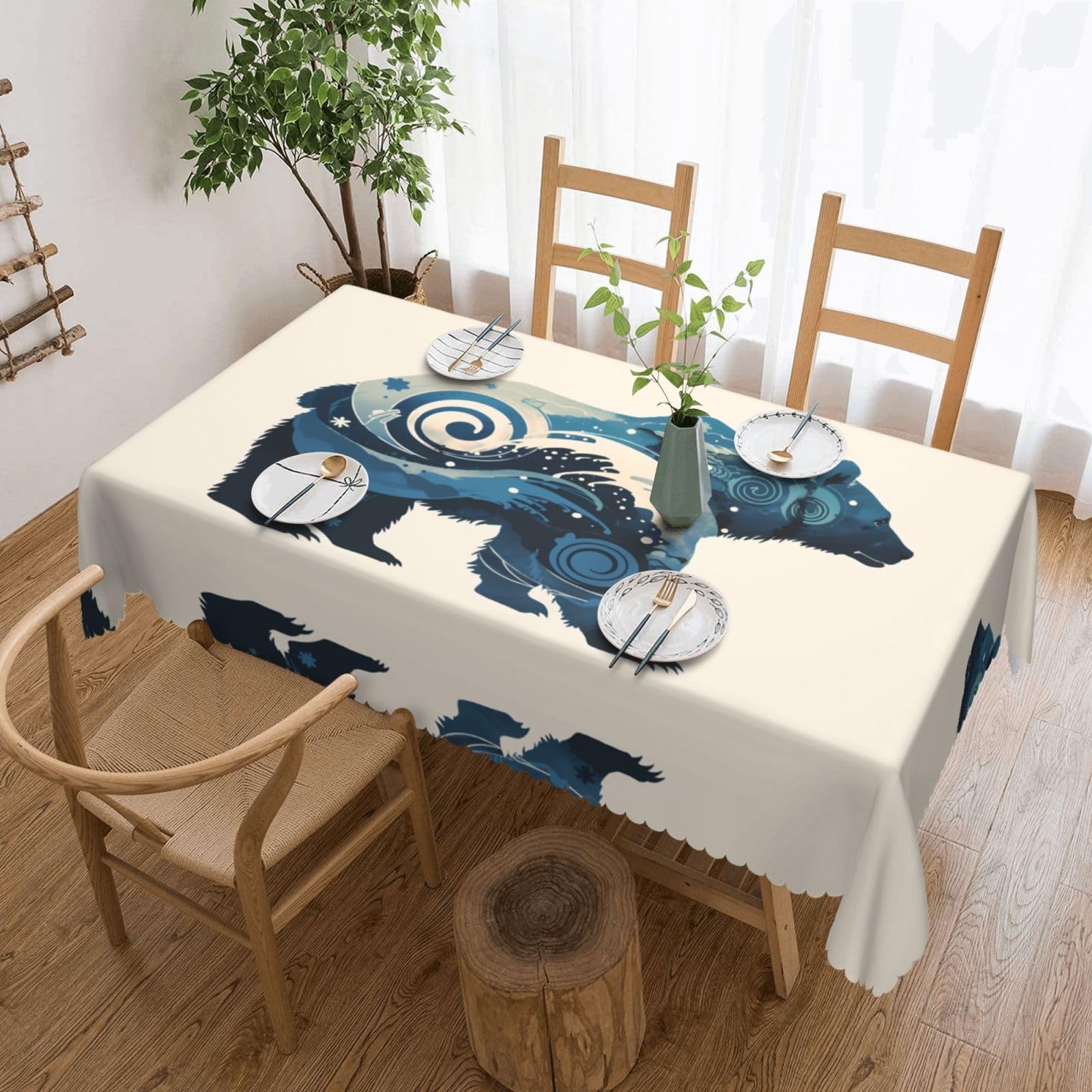 QAZWZML Blue Bear Printed tablecloth, made of thick polyester with lace trim, suitable for dining rooms, picnics, and weddings