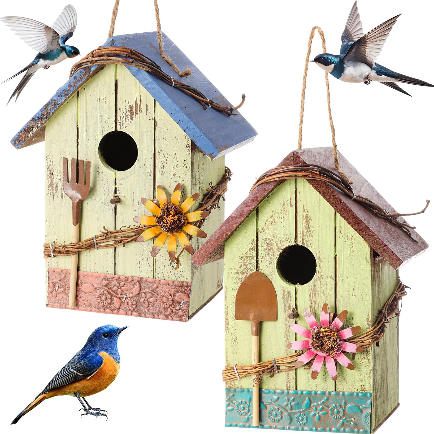 2 Pcs Birdhouses for Outdoor Hanging Yard Outside Wooden Birdhouse Hand Painted Bird Box for Bird Lovers Bluebird Tree Garden Decor Decorative Birdhouse(Pink,Yellow,Iron Roof)