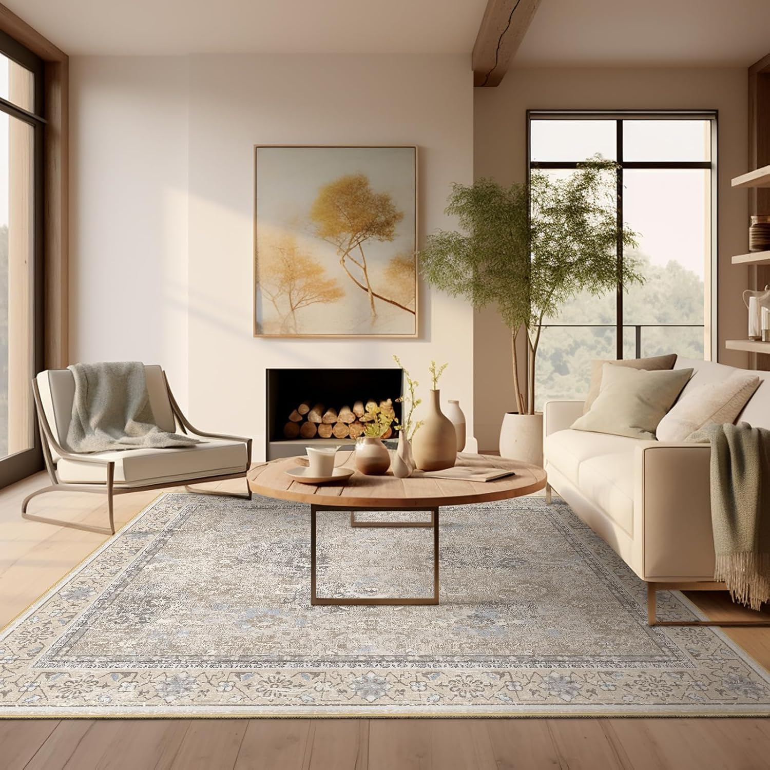 Ashler Boho Area Rug, 6x9 Vintage Carpet for Living Room, Bedroom, Kitchen, Dinner - Beige/Natural/Light Coffee Home Decor - Non-Slip & Machine Washable, Large Size CMC1