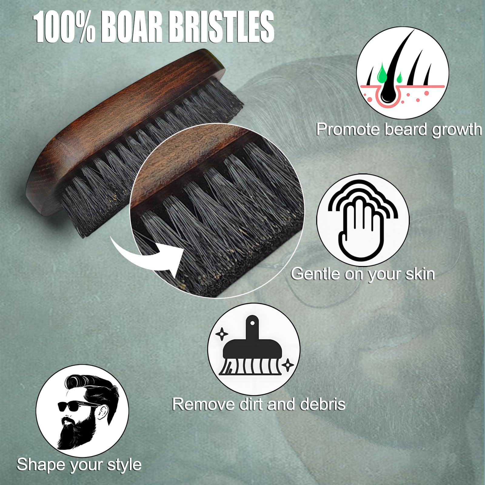 Cepillo de barba para aseo masculino, mango de madera rectangular retro con cerdas de jabalí 100% limpieza facial y bigote