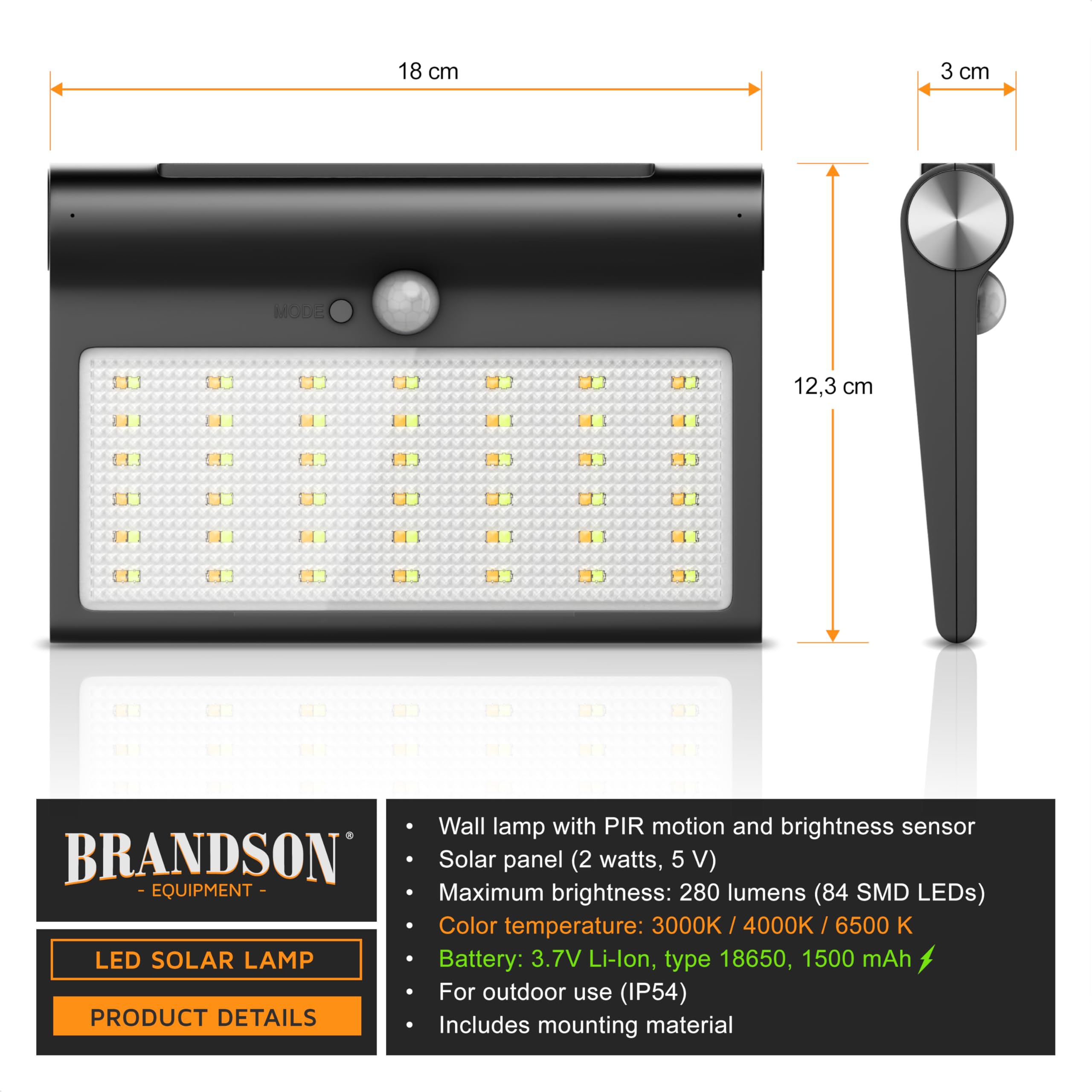 Brandson Solar Wall Light, Outdoor Solar Motion Sensor Lights, 84 LEDs, 3 Color Temperatures, IP54, 280 Lumens, Black, Rustic - Image 2
