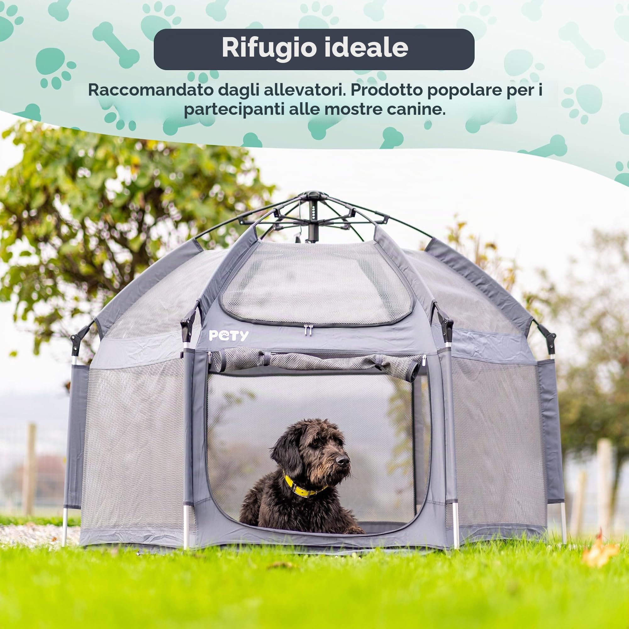PETY Set box per cani – 150 x 100 cm tenda mobile per cani con borsa per il trasporto, tetto UV e tappetino – recinto per animali domestici e interni – accessori da viaggio per il campeggio –