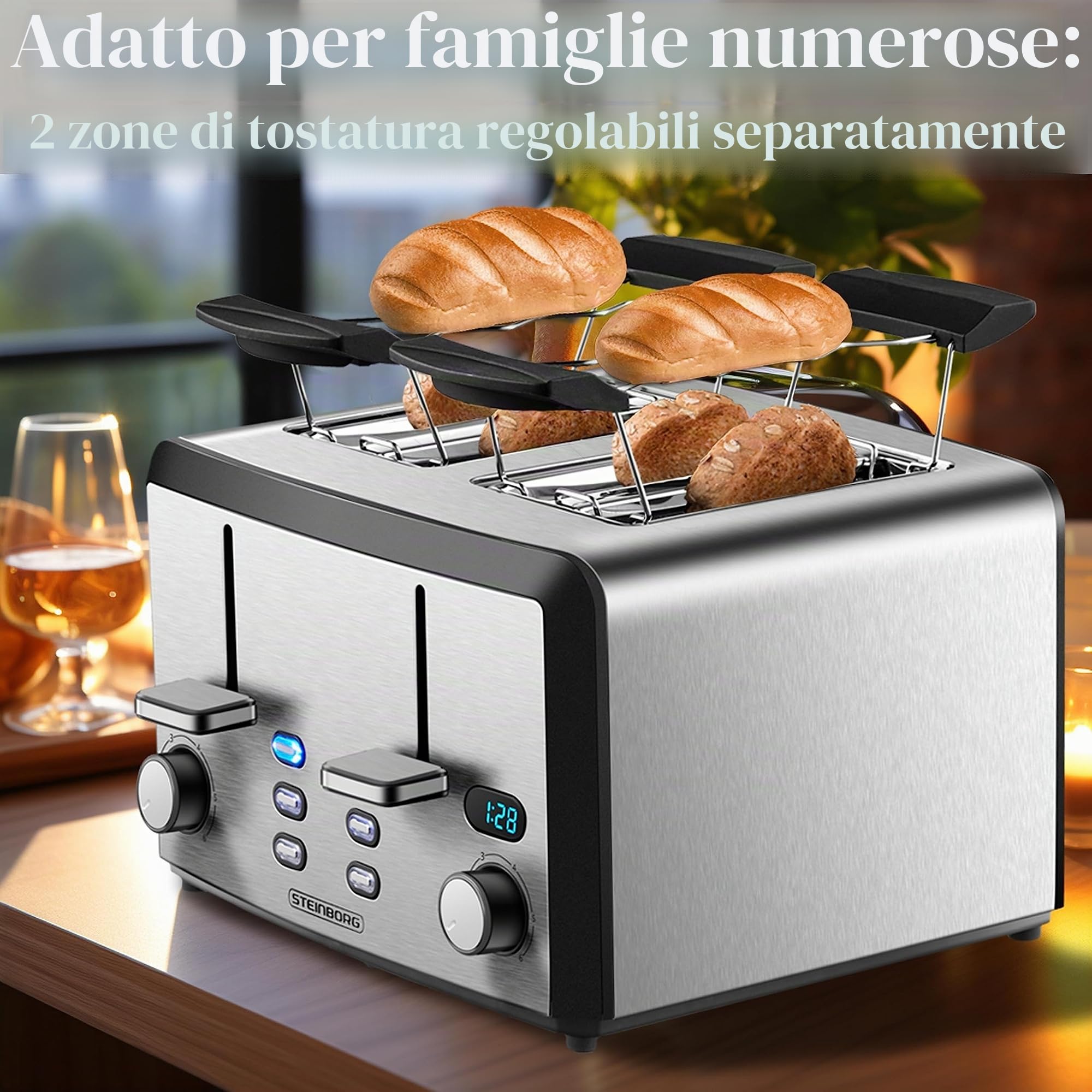 Tostapane XXL con 4 fessure per tostapane | 1600 Watt | 6 livelli | 2 x inserti per panini | funzione scongelamento | 2 x cassetti per briciole | acciaio inox | 4 strati | display LED