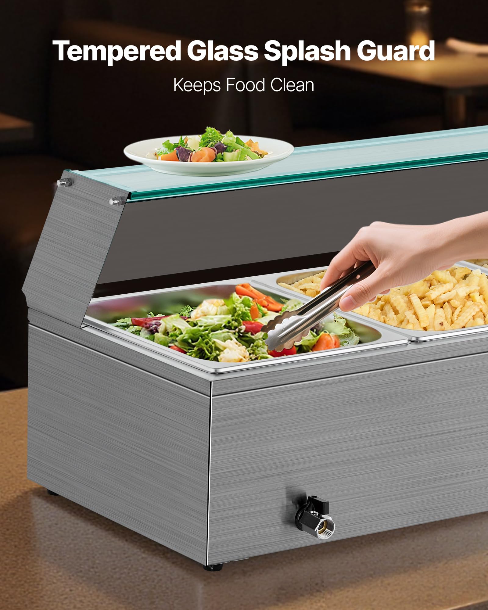 VEVOR Chauffe-Plat Électrique à Vapeur 1500 W, Buffet Chauffant en INOX, Bain-Marie avec 3 Bacs, Couvercle en Verre et Louches à Soupe et Perforées, pour Servir Buffet en Libre-Service Restauration