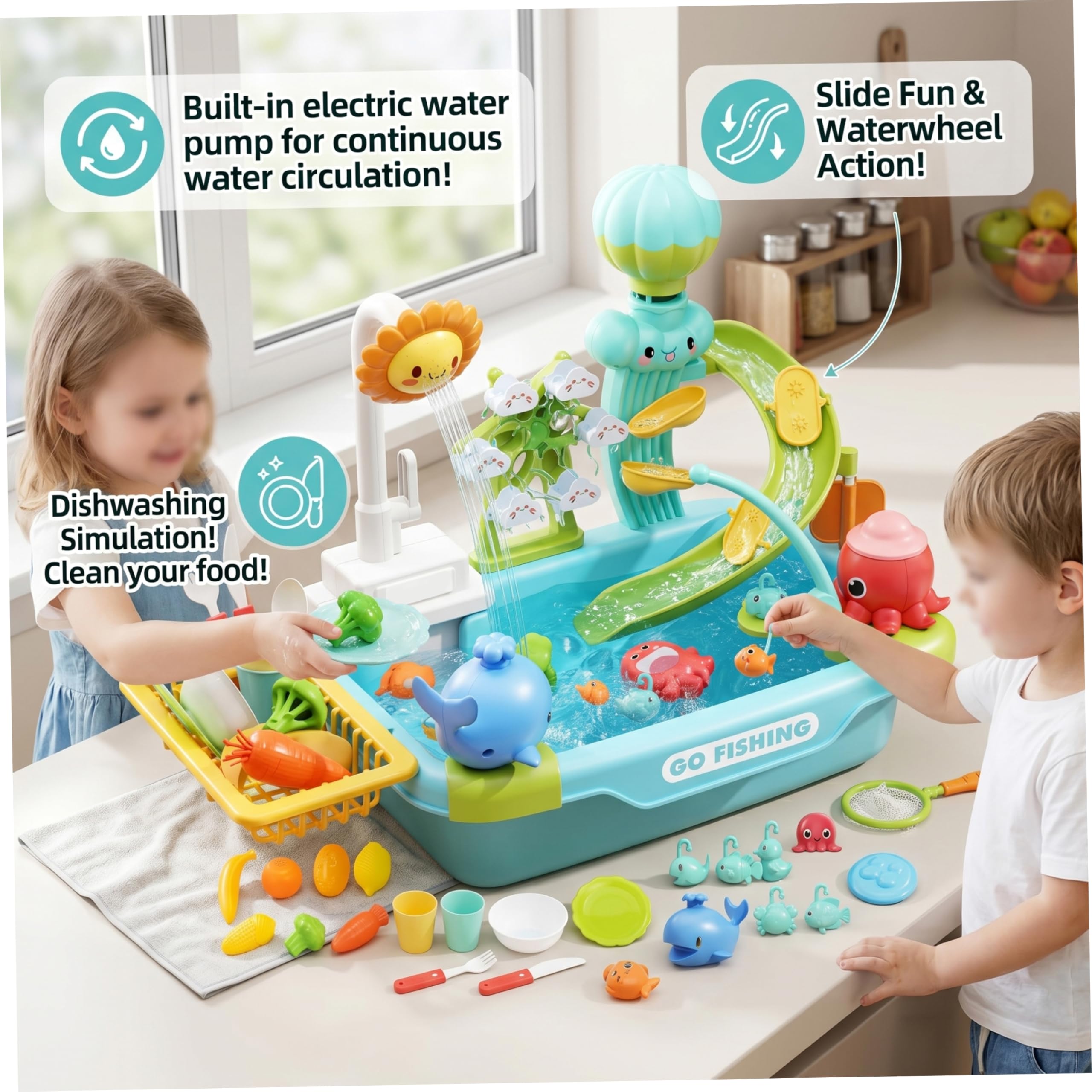 Fregadero para niños pequeños con agua corriente, juego de juguetes para niños, mesa de juegos de agua multifuncional con circulación automática, gran capacidad para diversión en interiores y ex.