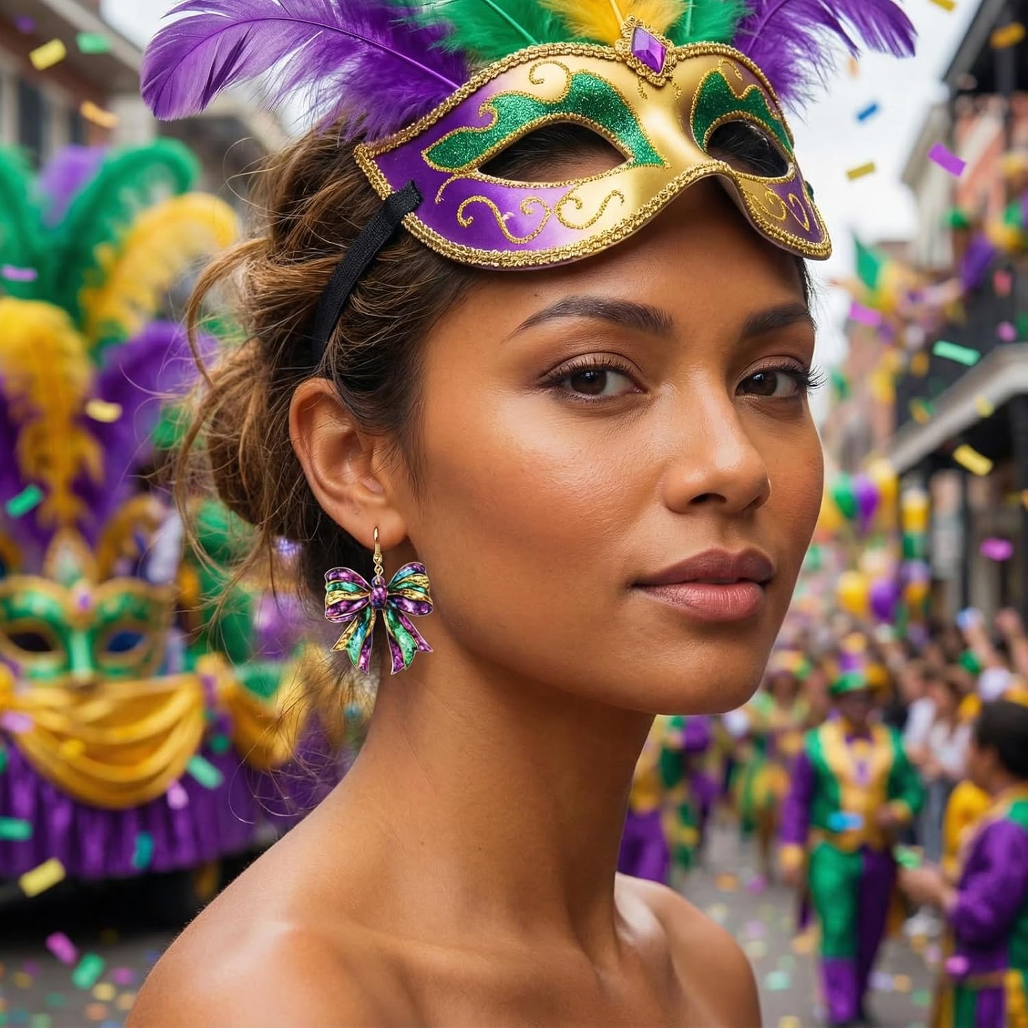 Mardi Gras Outfit for Women Mardi Gras Earrings for Women Acrylic Bow Dangle Carnival Jewelry Festive Party Outfit Matching Shirts Accessories - Image 3