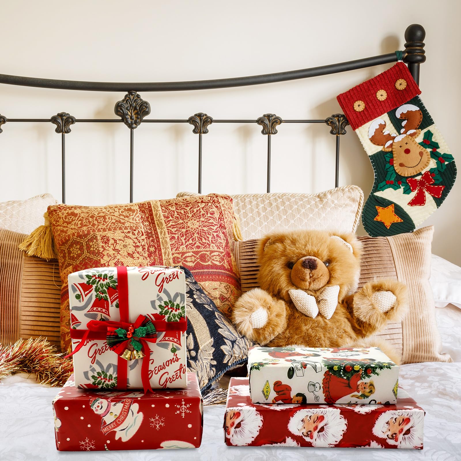 JarThenaAMCS Weihnachts-Geschenkpapier, 12 Bögen, keine Rolle, roter Weihnachtsmann, Schneemann, Geschenkpapier, flach gefaltet, saisonales Kunstpapier für Winter, Weihnachten, Geburtstag, Babyparty,