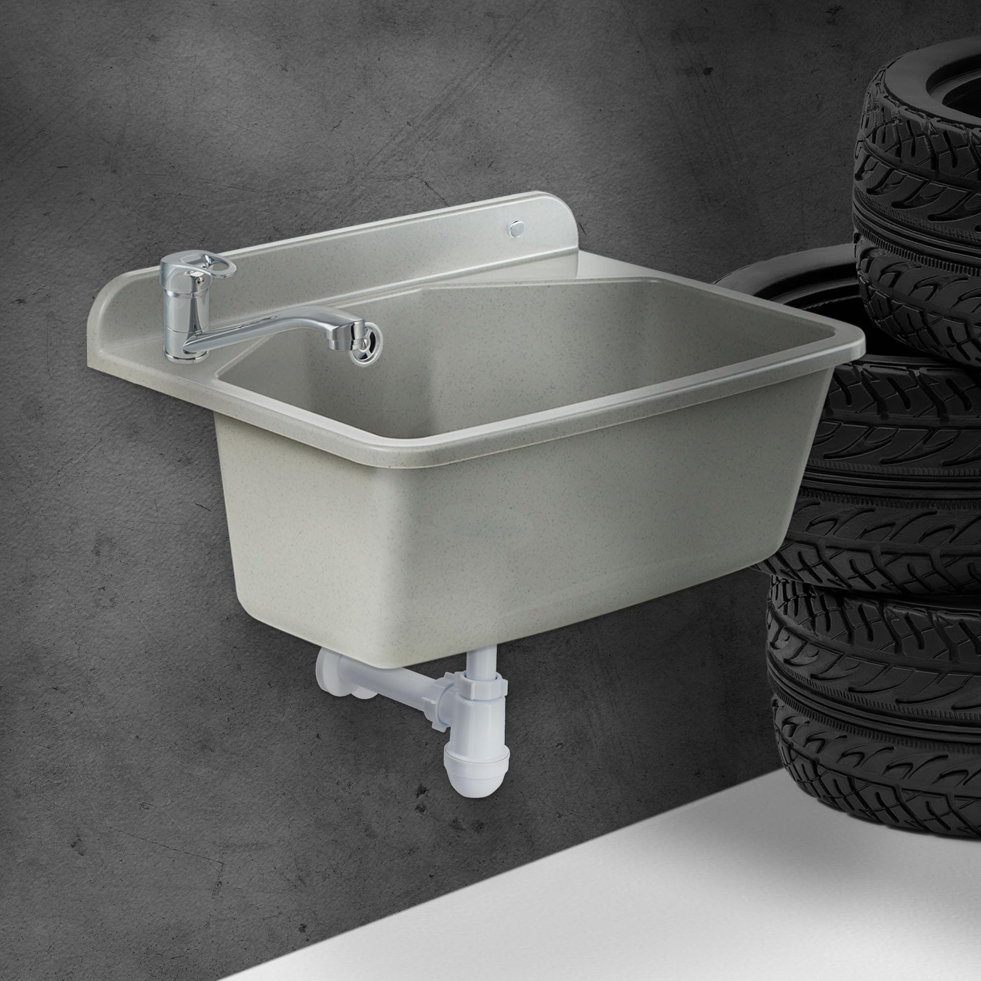 KADAX gospo Évier avec robinet, siphon, 46 x 37 x 20 cm, lavabo en plastique, bac de lavage pour jardin, garage, cave, atelier, montage mural, évier avec accessoires (gris)