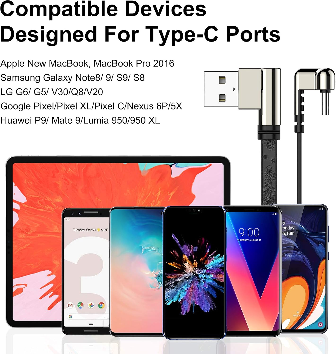 USB C Cable, UMECORE 6FT 90 Degree Right Angle USB to 180 Degree Type C Fast Charging Flat Cable for Samsung Galaxy S21 S21+ S20 FE S10 S9 LG G9 G8 G7 V60 V50 V40, Pixel 5 4 3 XL, MOTO G Motorola Edge