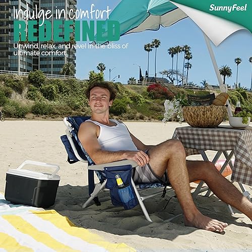 Miniatura 2 de Mochila plegable, silla de playa baja, 5 posiciones, reclinable, con soporte para tazas, almohada acolchada, bolsa enfriadora para arena, al aire