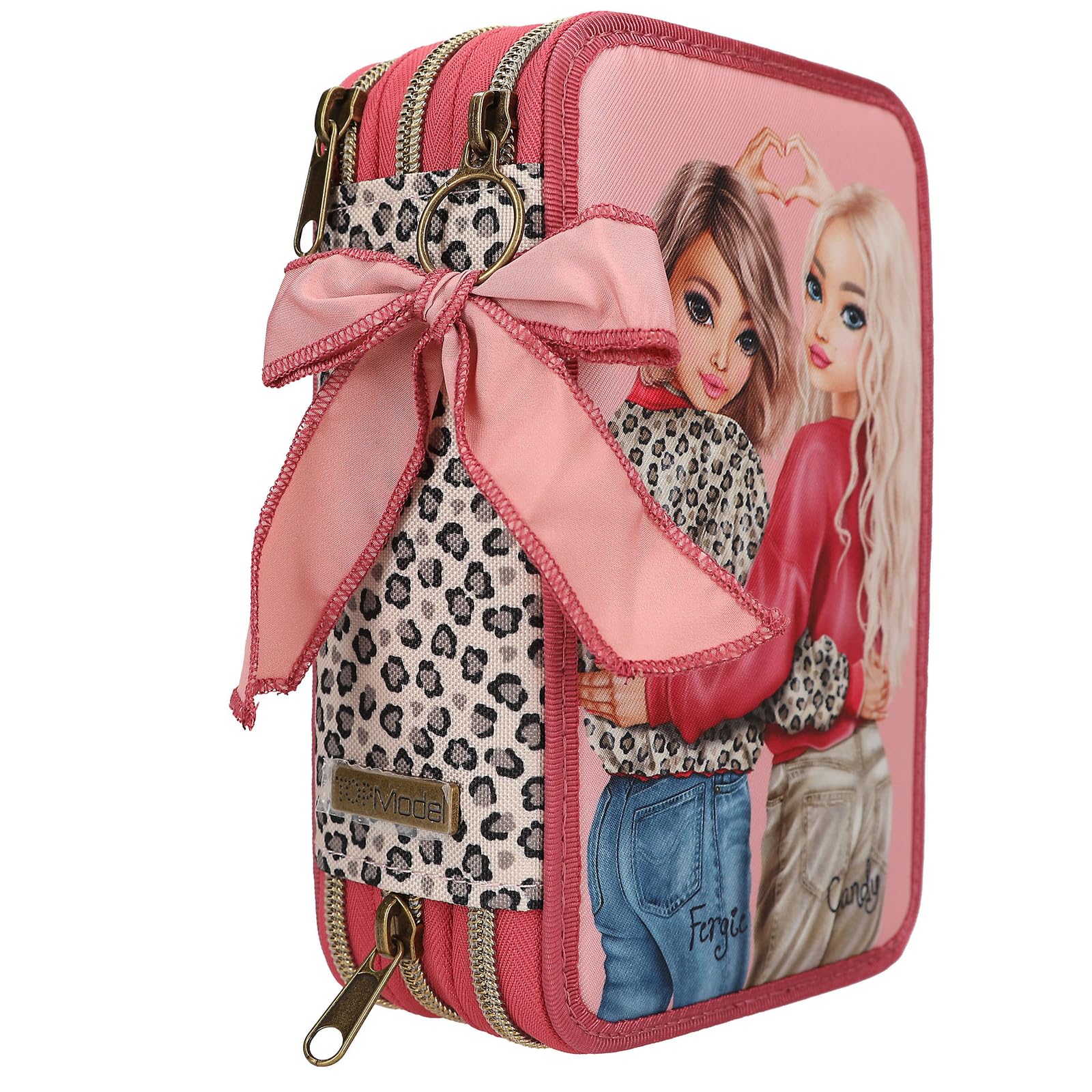 Depesche 13639 TOPModel Leoheart - Astuccio a 3 Scomparti in Rosa e Rosso, con Motivo Modello e Stampa Leo, Astuccio con matite Colorate, Forbici, Righello e Molto Altro.