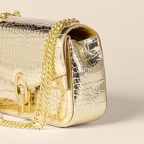 Miniatura 4 de Amazon Essentials Bolso de hombro con cadena para mujer Cocodrilo falso dorado,Cocodrilo sintético marrón,Piel sintética de color negro.,Piel