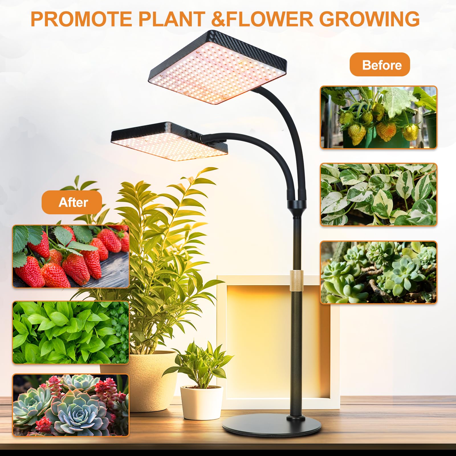 FECiDA 50 W, 2-głowicowa, pełne spektrum, lampa do roślin z programatorem czasowym do roślin pokojowych, lampa do uprawy roślin pokojowych, z lampami do uprawy kwiatów, warzyw z timerem 4/8/12/16/20 h