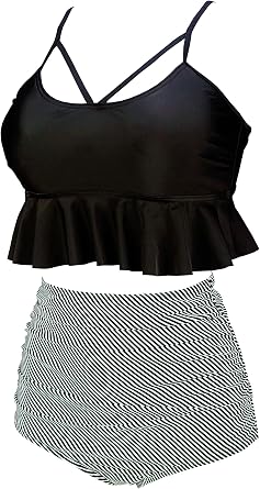 Women's Retro Boho Flounce Falbala High Waist Bikini Set Chic Swimsuit(FBA)