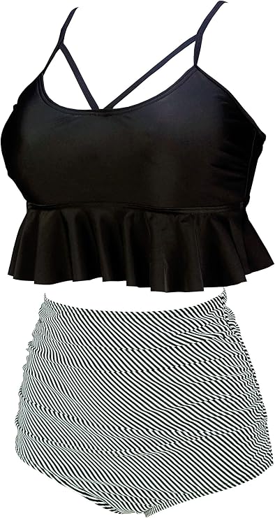 Women's Retro Boho Flounce Falbala High Waist Bikini Set Chic Swimsuit(FBA)