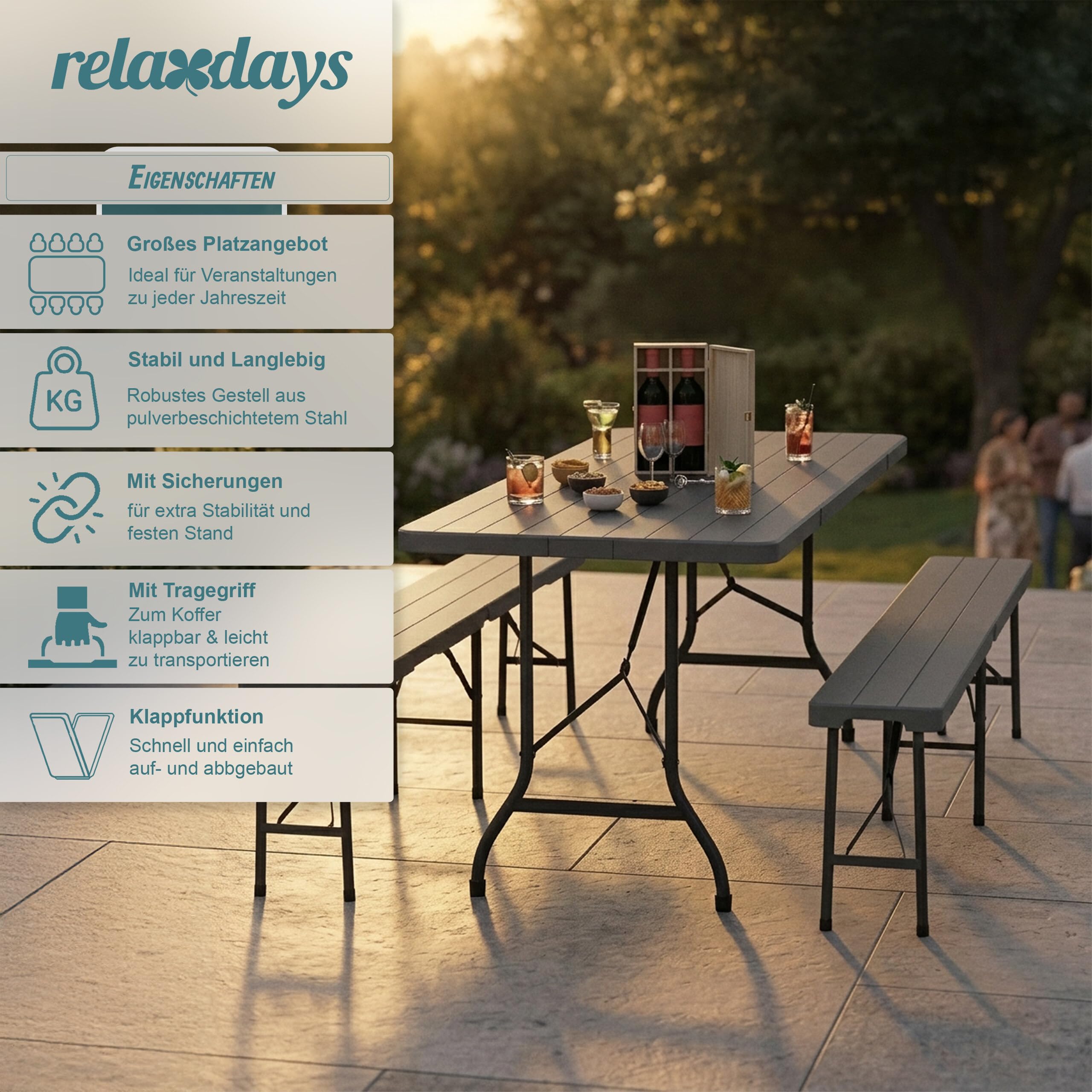 Relaxdays Bierzeltgarnitur klappbar, 3-TLG. Bierbank Set mit großem Tisch, Garten, Festzeltgarnitur, Holzoptik, Farbwahl