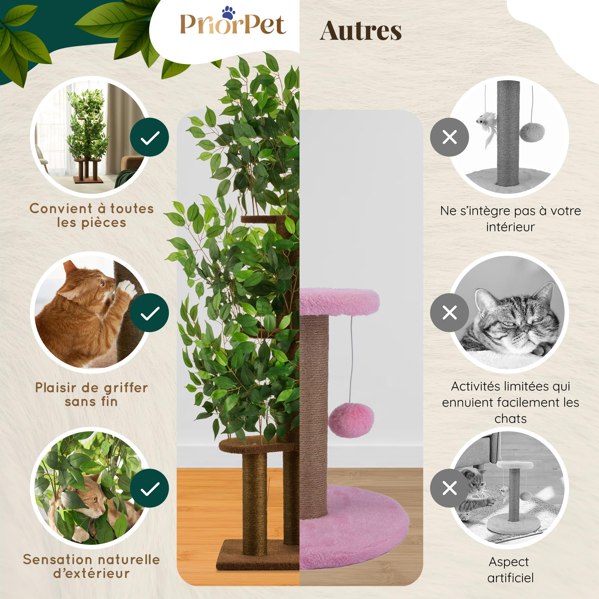 Arbre à chat 4 niveaux et 3 piliers à gratter Montage facile Stable et peu encombrant