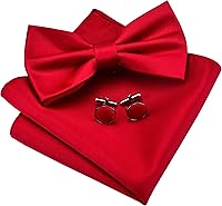 GUSLESON Men's Solid Color Pre-Tied Bow Tie Pocket Square Cufflink Set with Gift Box - Silk Blend Adjustable Formal Accessories