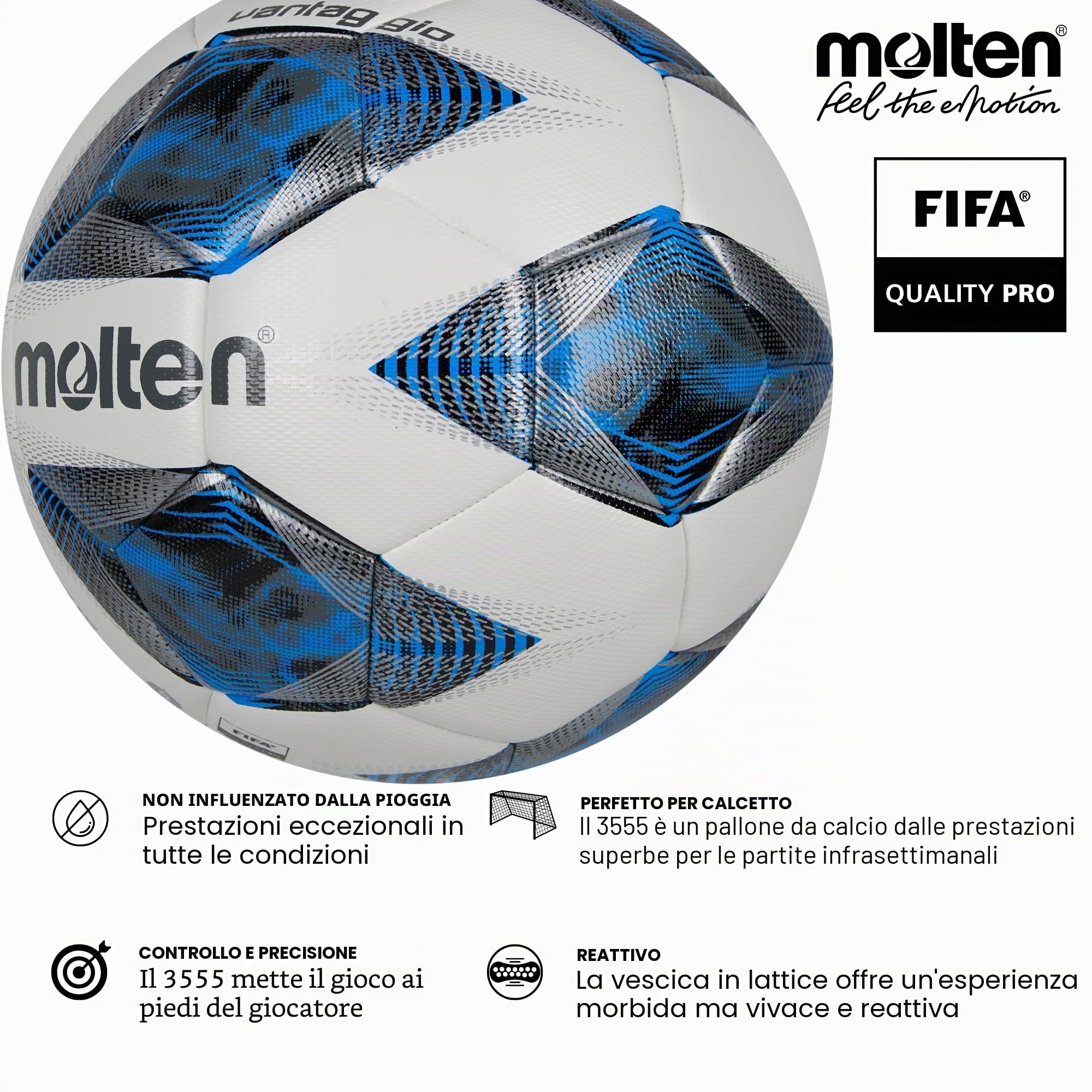Molten -F5A3555-K - Pallone da allenamento, colore: Bianco/Blu/Argento 5