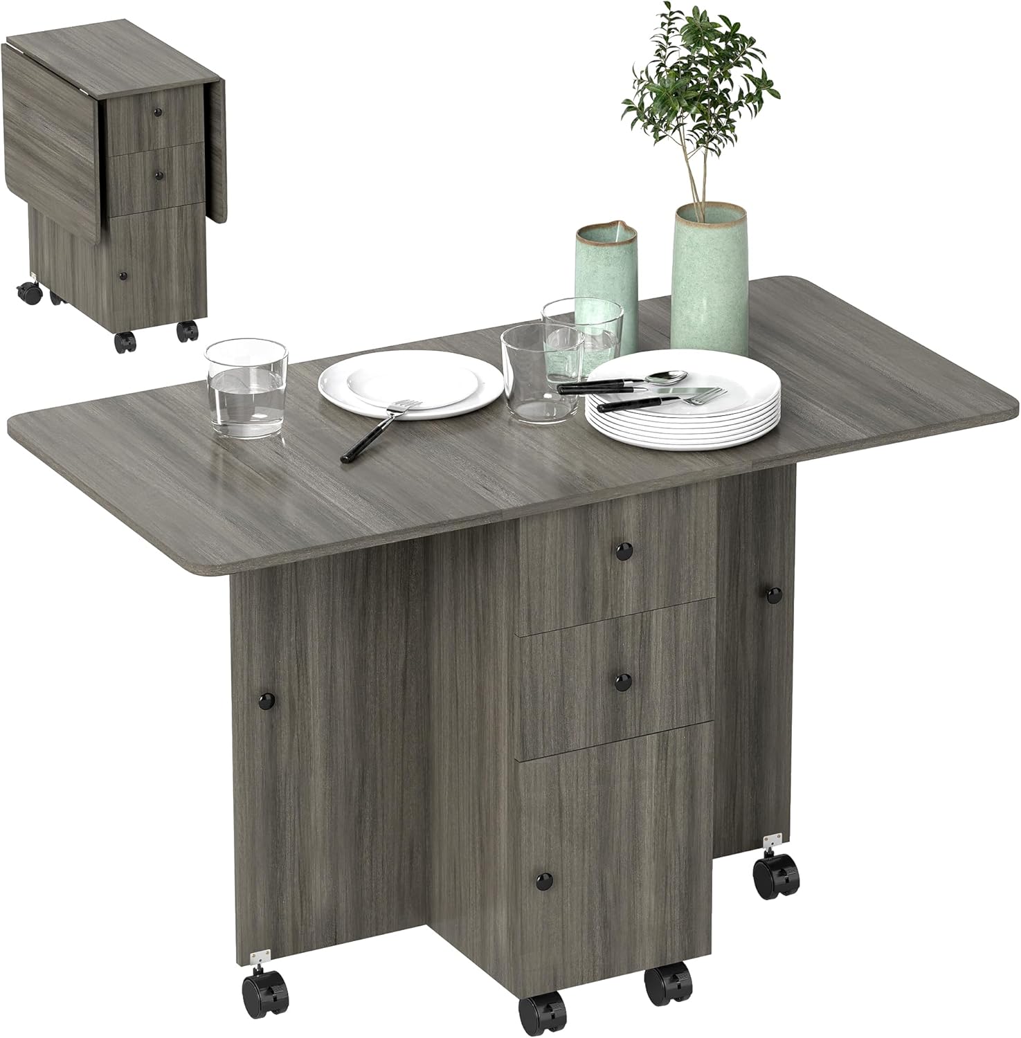 HOMCOM Foldable Dining Table, Rolling Kitchen Table with Storage ...
