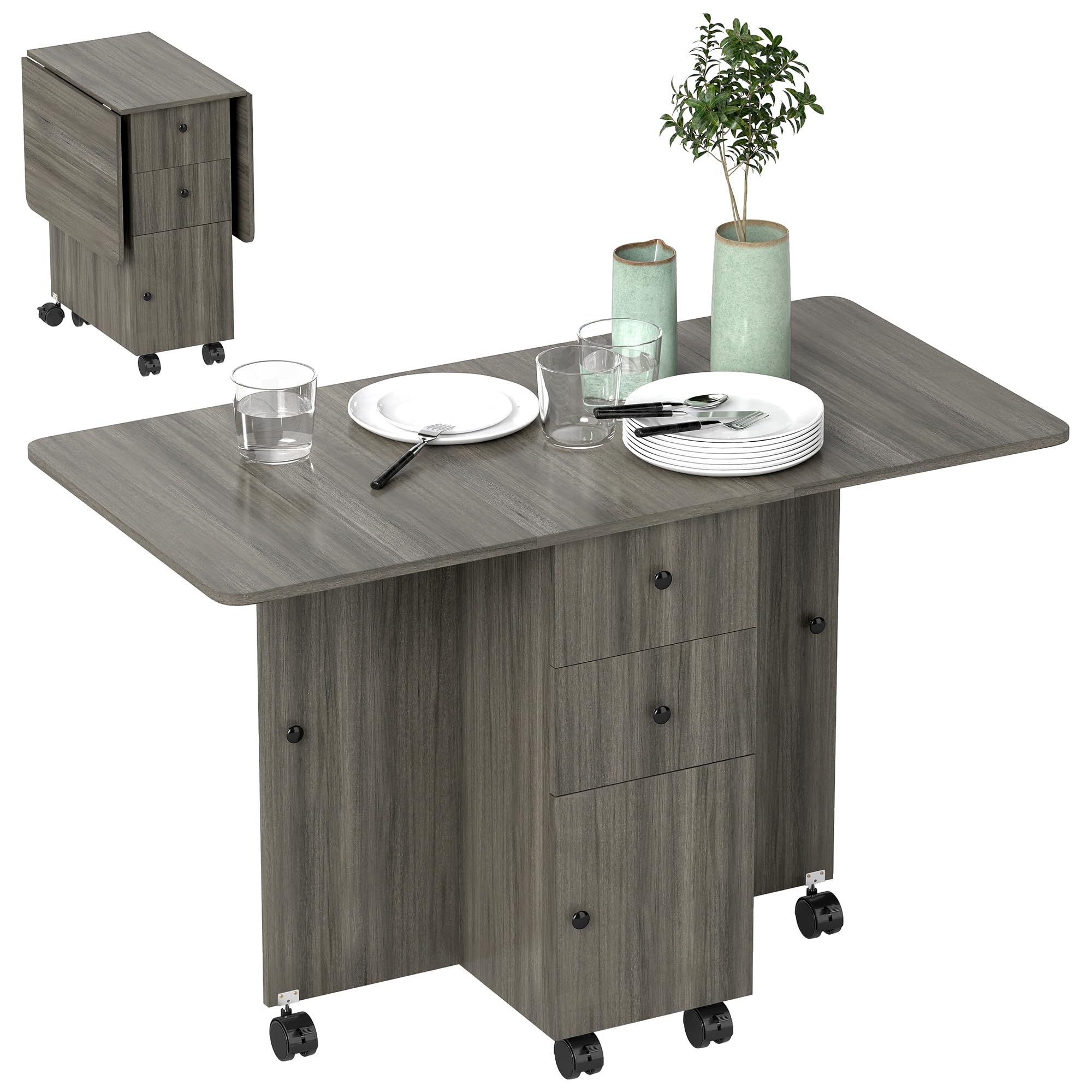 HOMCOM Składany stół kuchenny, składany stół jadalny 2 składane tace z 2 szufladami, 1 szafką i 1 półką do przechowywania 120 x 60 x 76,5 cm - ciemnoszary