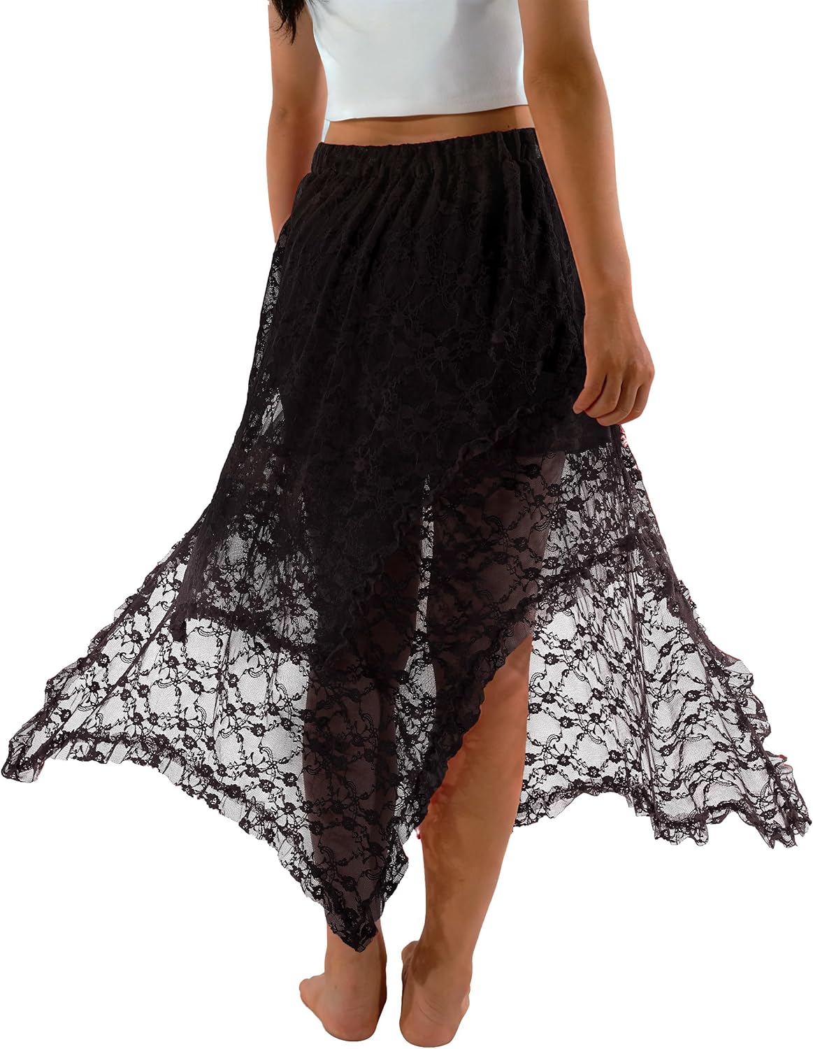 Women's Lace Long Skirts Elastic Asymmetrical Layered Hem Flowy Skirt Sexy See-Through Floral Beach Maxi Skirt - Image 4
