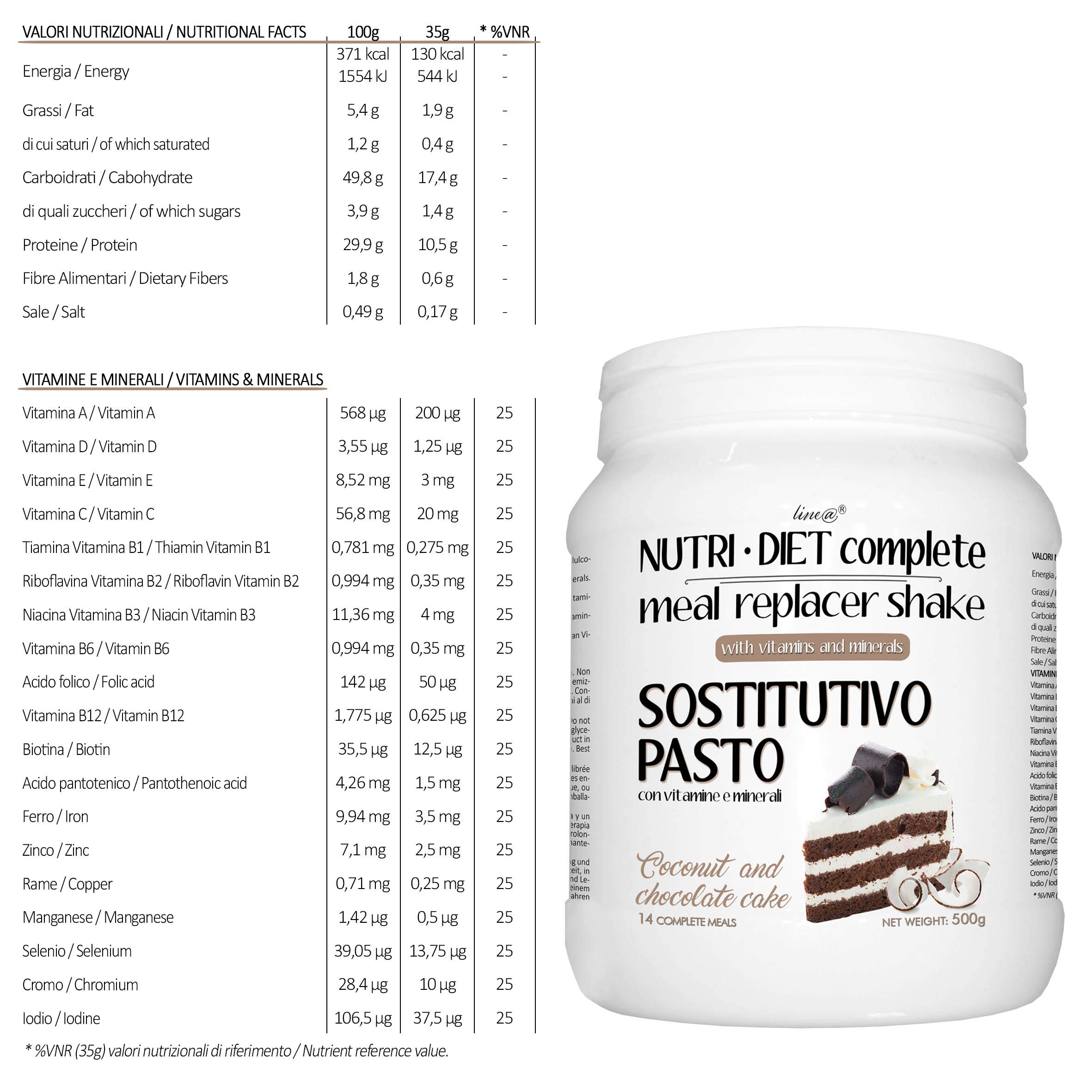 PASTO SOSTITUTIVO NUTRI DIET complete al gusto di TORTA al COCCO e CIOCCOLATO Line@diet | 500g, 14 PASTI completi | ricco di vitamine e minerali