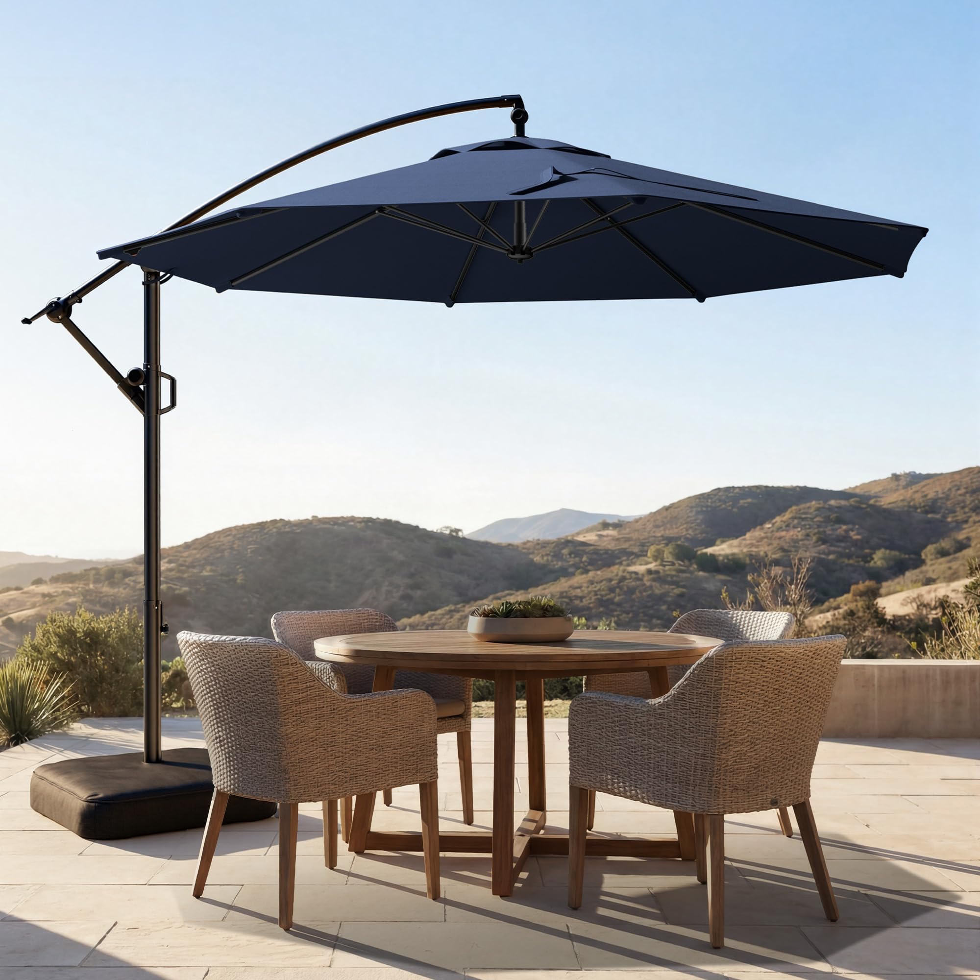 10ft Offset Patio Umbrella - w/Base, Cantilever Offset Hanging Patio Outdoor Market Umbrella UPF50+ UV Protection with Easy Tilt and Crank for Pool Deck and Garden(Navy Blue)