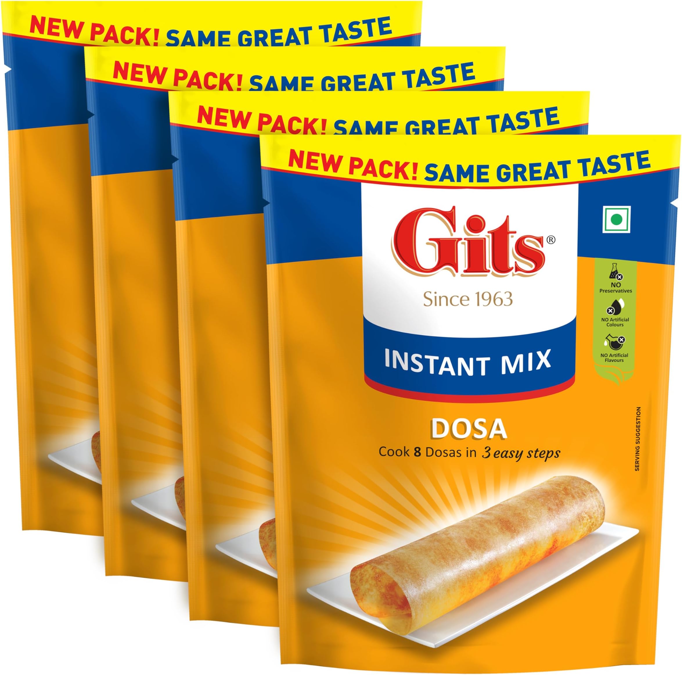 Gits Instant Rice Dosa Breakfast Mix, Makes 8 per Pack, Pure Veg, South Indian Breakfast Mix, 800g (Pack of 4, 200g Each)