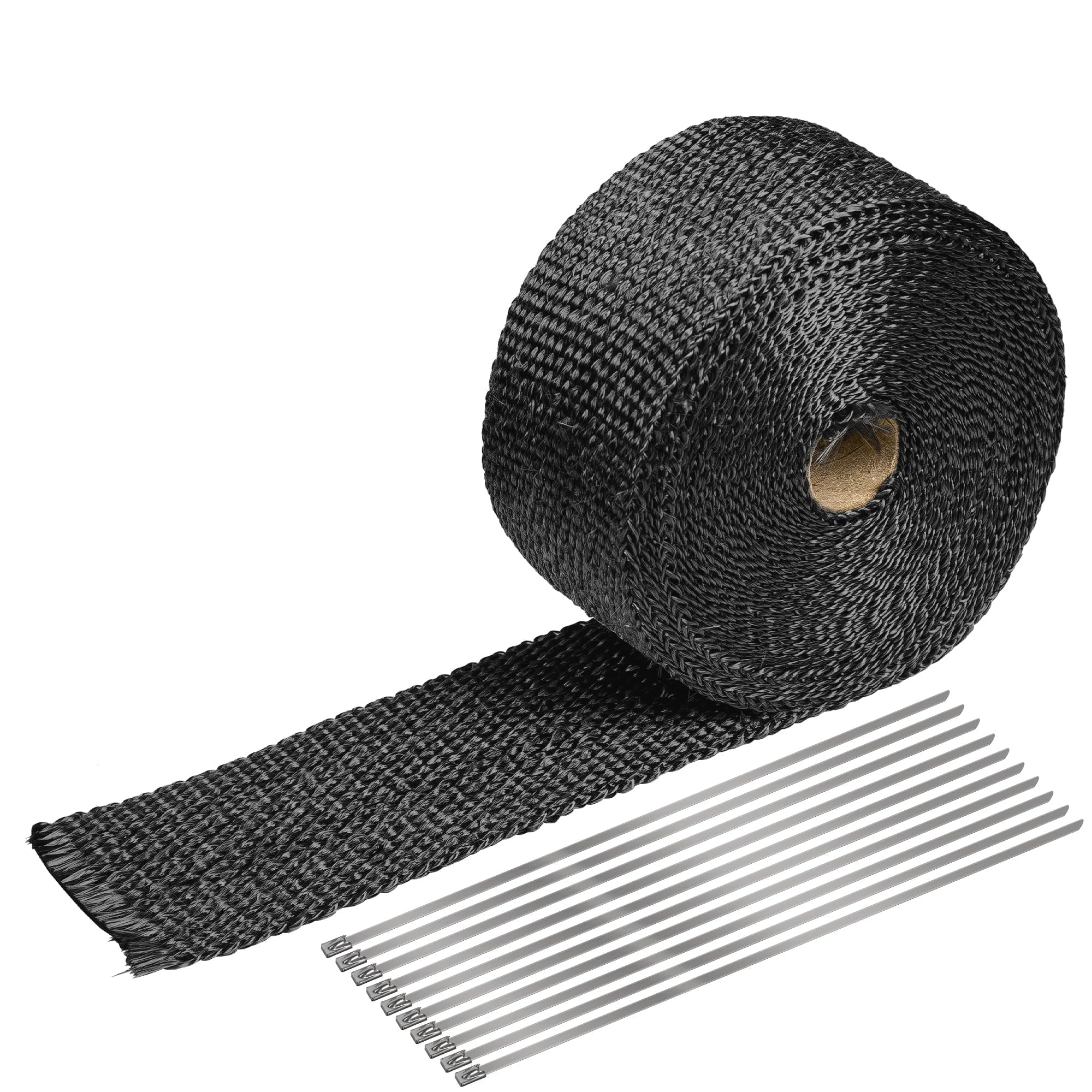 Black Exhaust Heat Wrap, Foneso 2'' x 16.5' Exhaust Header Wrap Tape Fiberglass Heat Shield Tape with 10pcs Stainless Steel Ties for Motorcycle Car Truck