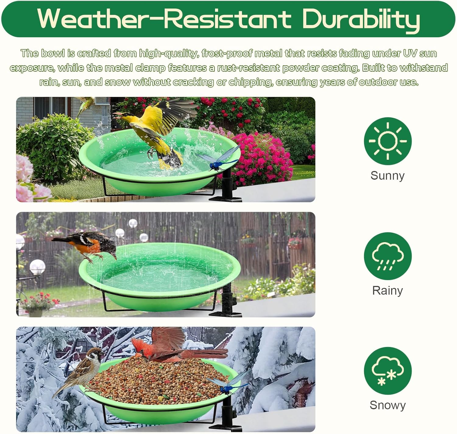 Deck Mounted Bird Bath & Feeder for Outdoors,Heavy Duty Clamp-On Balcony Railing Bowl,Detachable Green Gradient Basin for Wild Birds,Adjustable Non-Slip Mount for Porch, Patio and Garden Deck11.5Inch