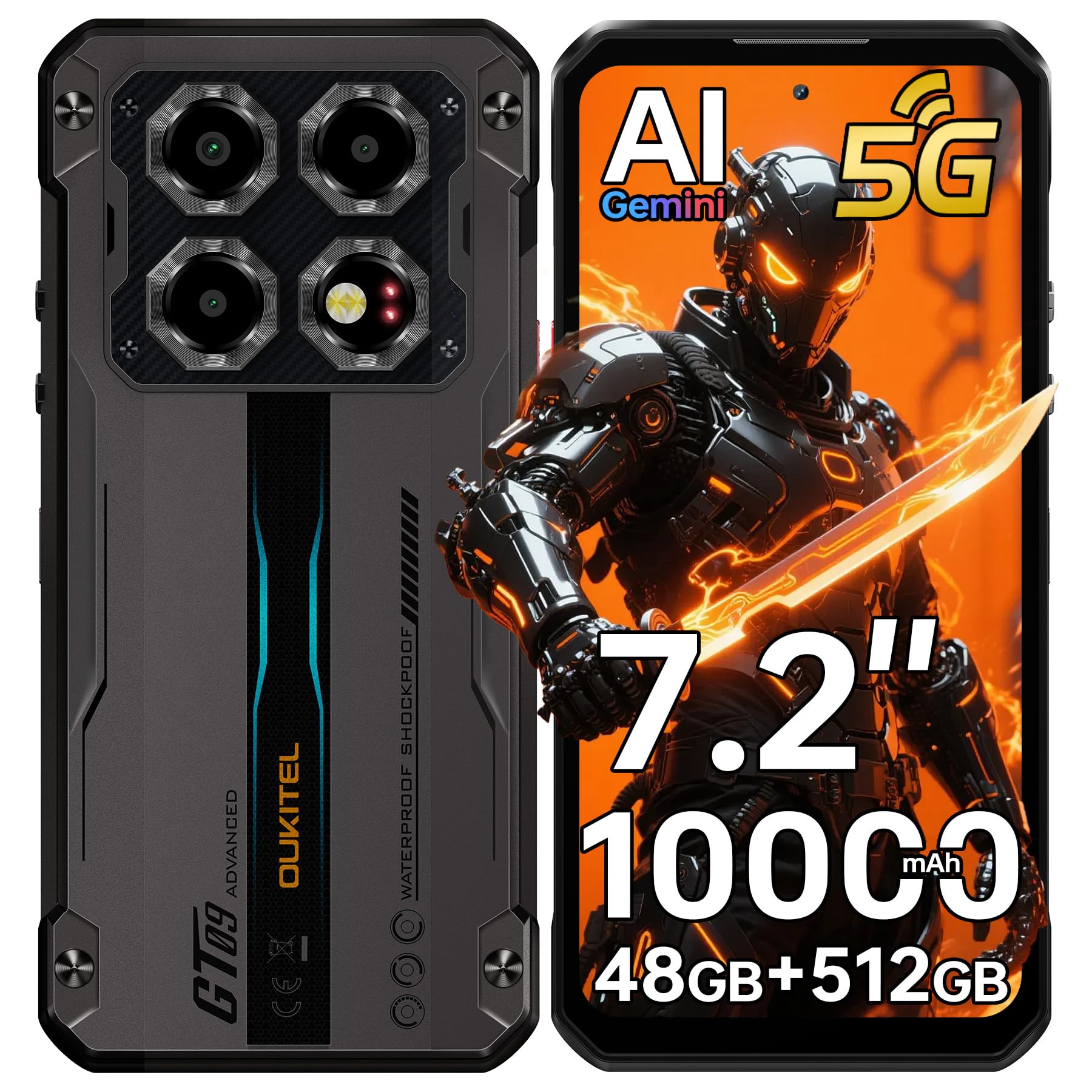 OUKITEL WP60 5G Rugged Phone Unlocked 7.2" Display, 48GB RAM+512GB ROM/TF 2TB, 10000mAh/33W Smartphone, 108MP Camera, IP68/IP69K Waterproof Phone, NFC