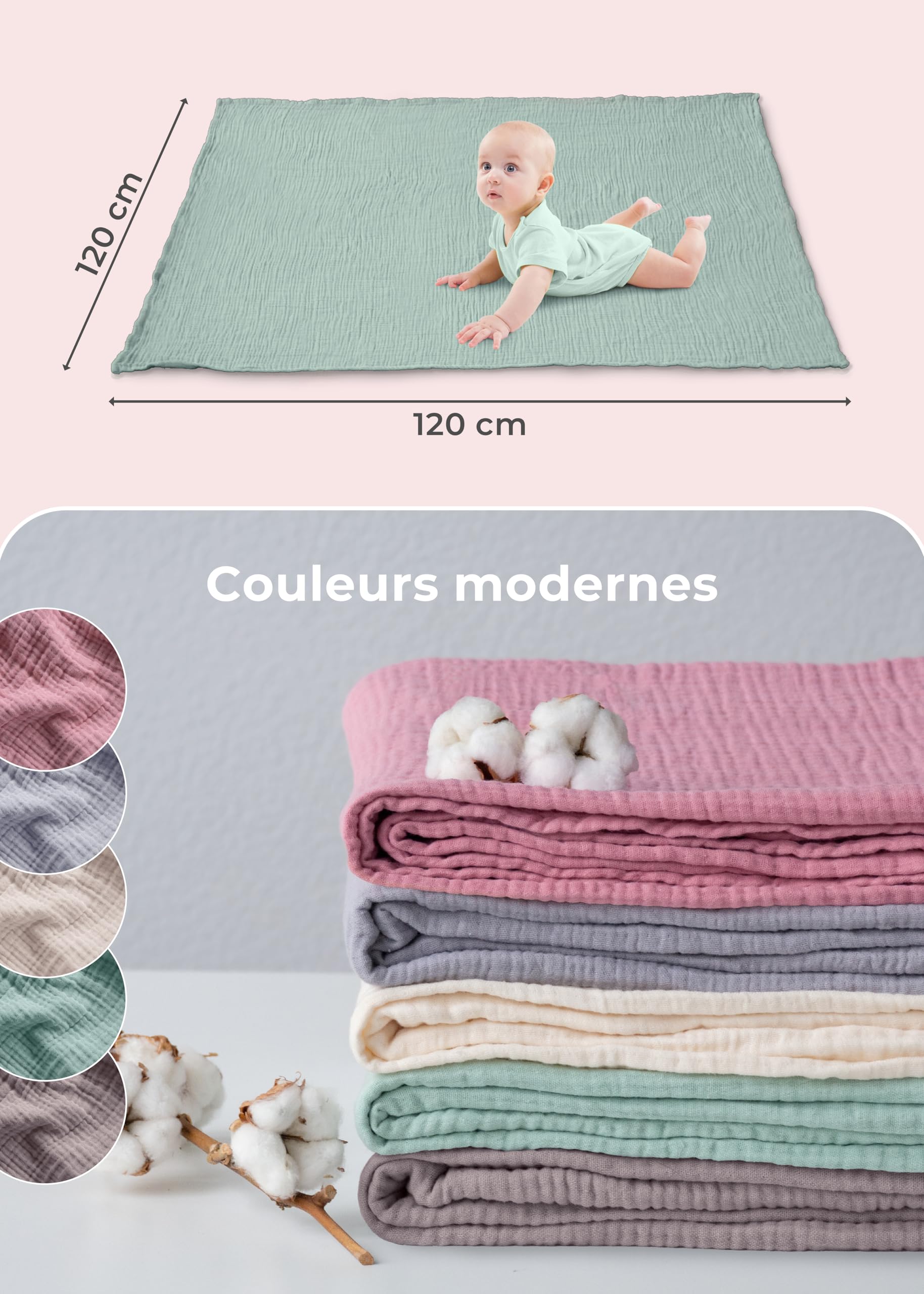 LAYNENBURG Couverture en mousseline de qualité supérieure pour bébé - 120 x 120 cm - 4 couches - 100 % coton - Certifié Oeko-TEX 100 - Couverture douillette ou couverture d'emmaillotage pour bébé