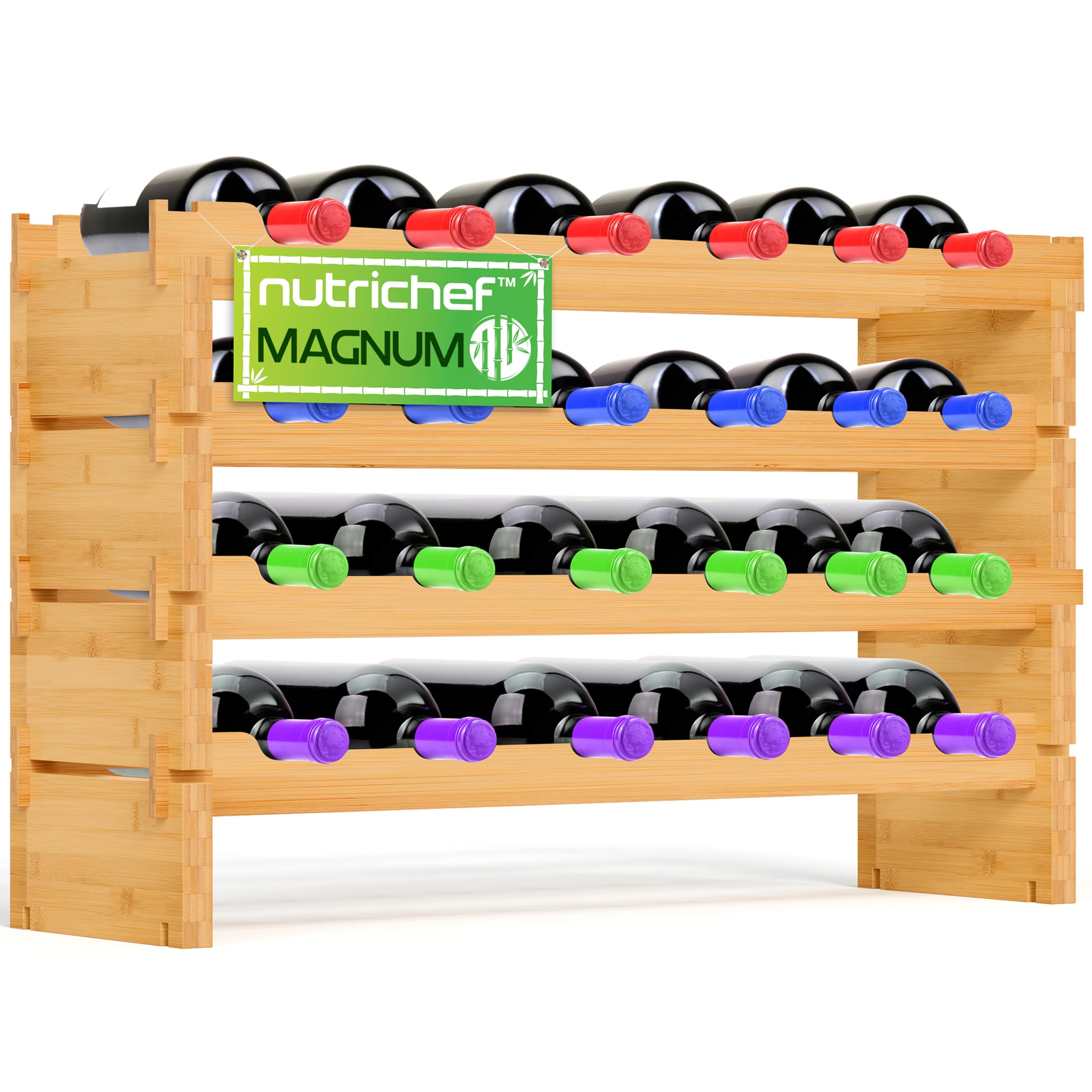 NutriChef Portabottiglie Vino Modulare in Bambù, Cantinetta Vino Legno Impilabile a 4 Ripiani per 24 Bottiglie Formato Magnum (Diametro 10 cm), Design a Croce 2x